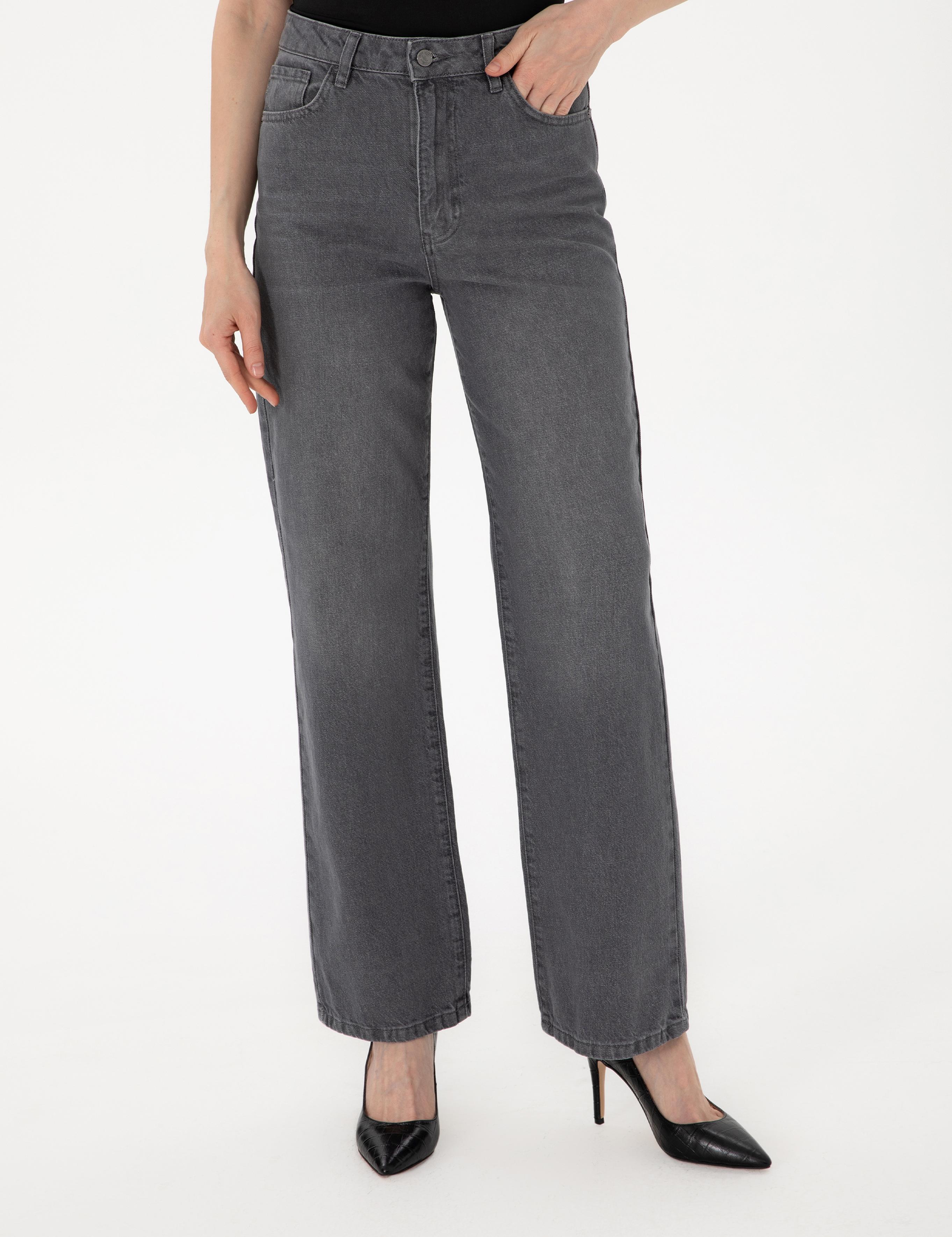 Antrasit High Waist Flare Fit Jean Pantolon