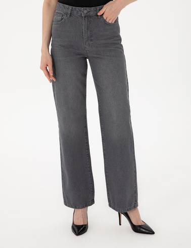 Antrasit High Waist Flare Fit Jean Pantolon