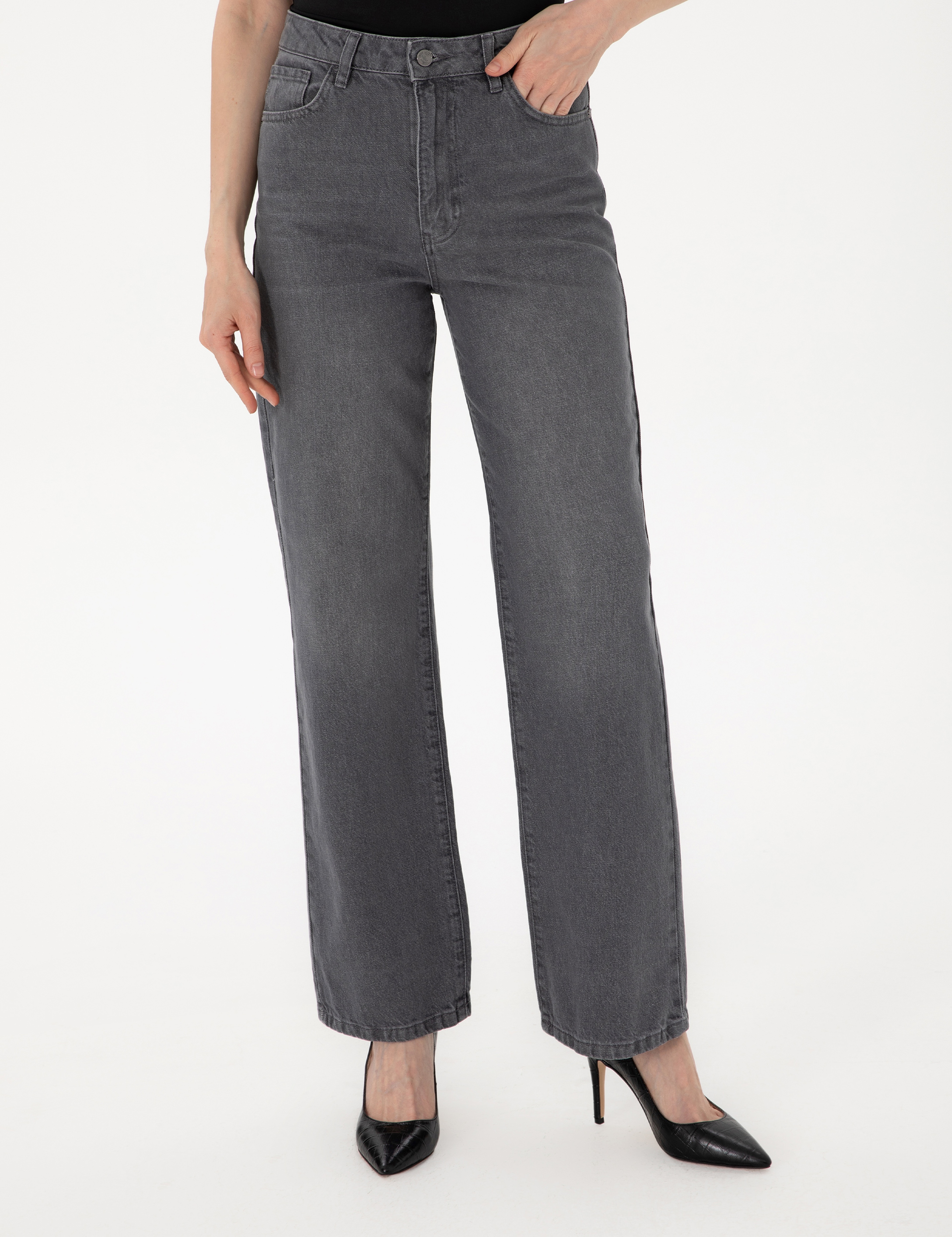 Antrasit High Waist Flare Fit Jean Pantolon - Image 2