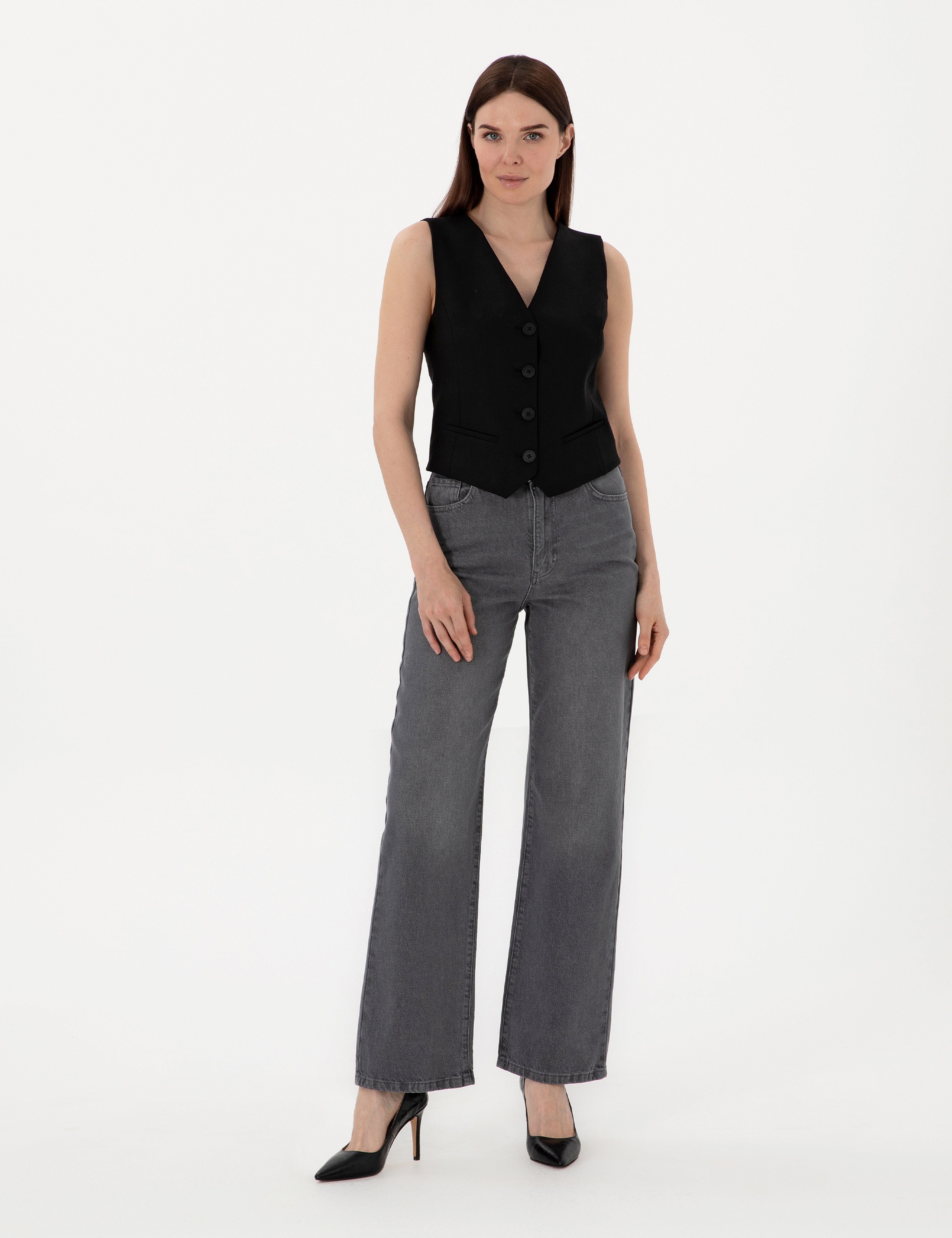 Antrasit High Waist Flare Fit Jean Pantolon - Image 1
