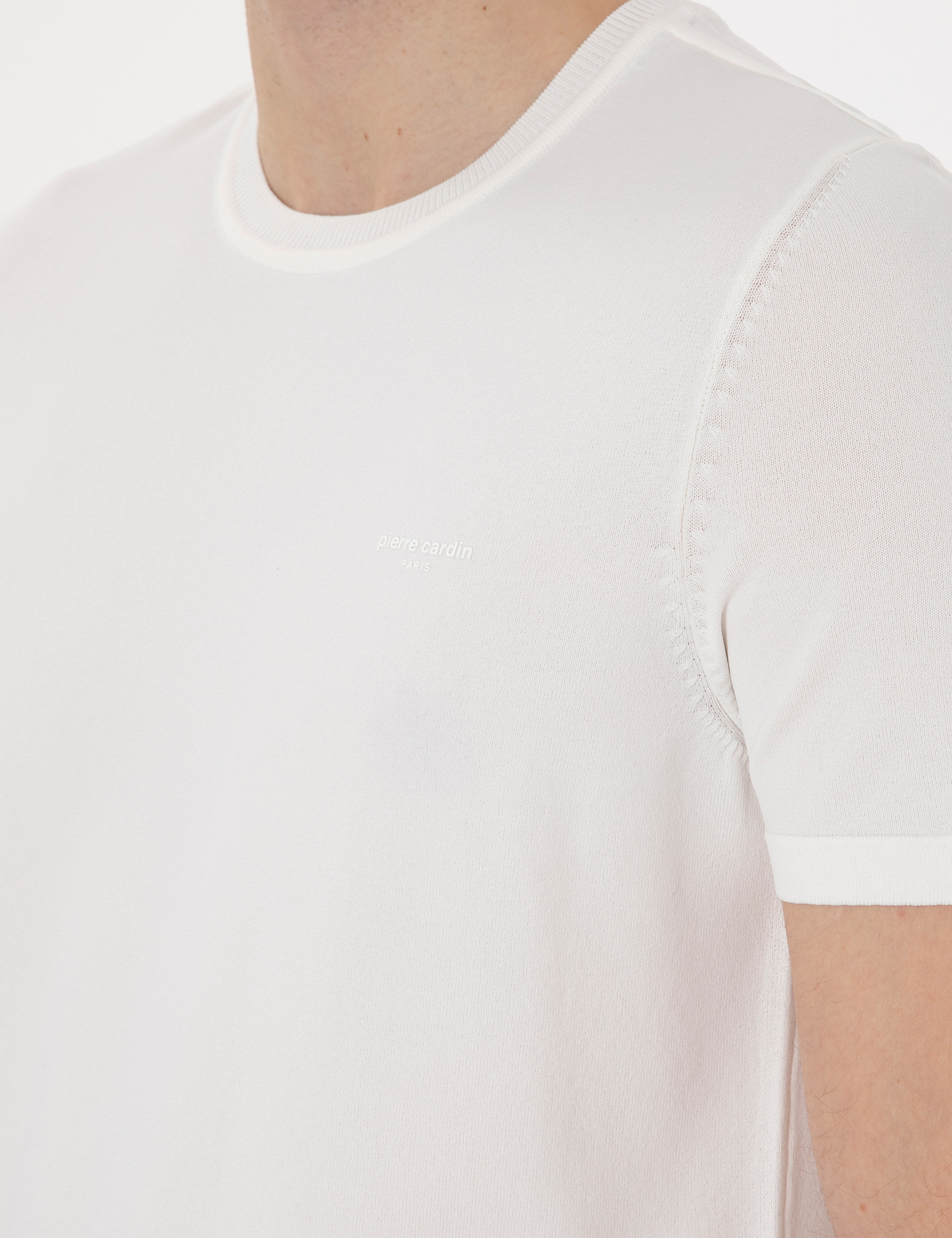 Ekru Slim Fit Bisiklet Yaka Triko Tişört - Image 7