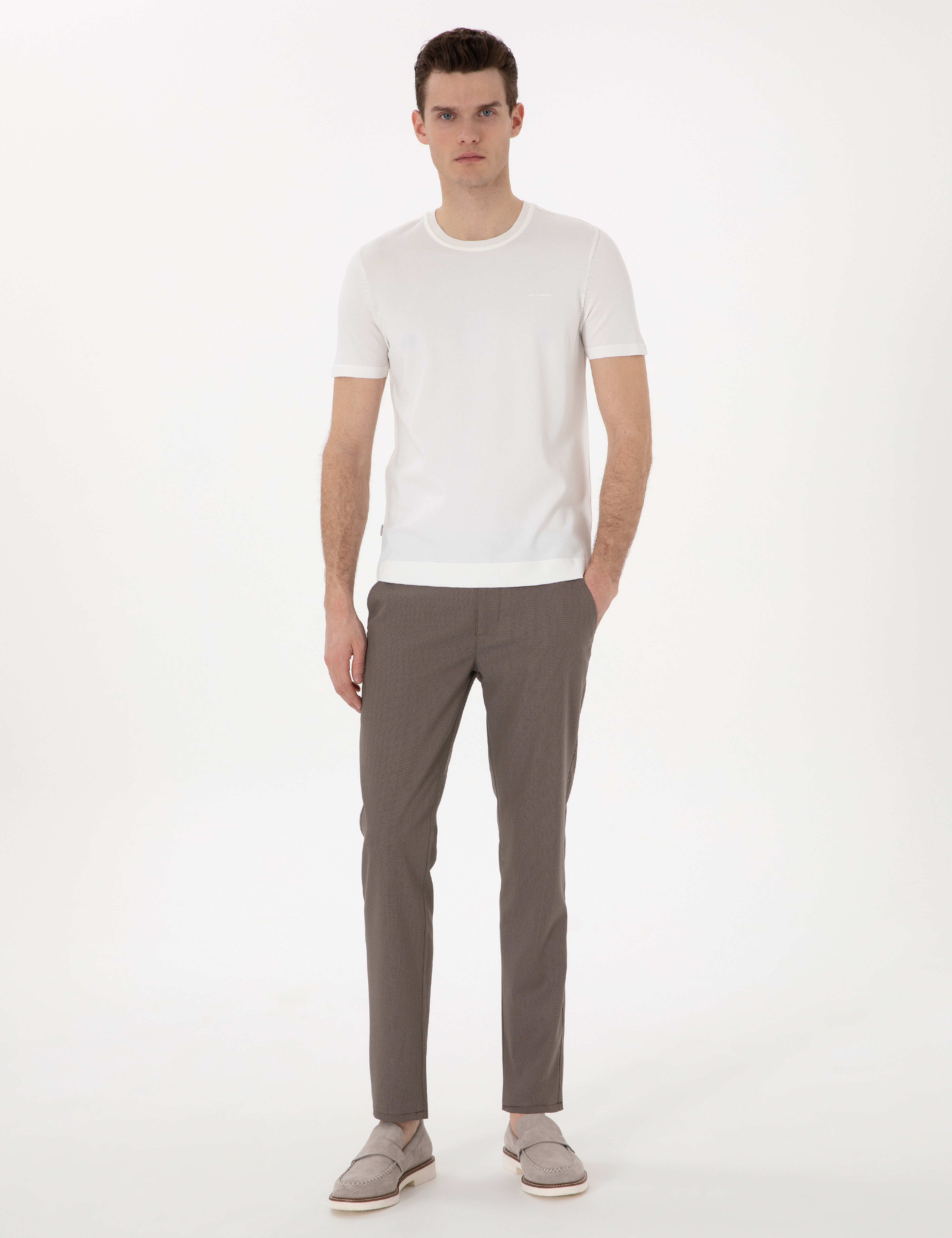 Ekru Slim Fit Bisiklet Yaka Triko Tişört - Image 4