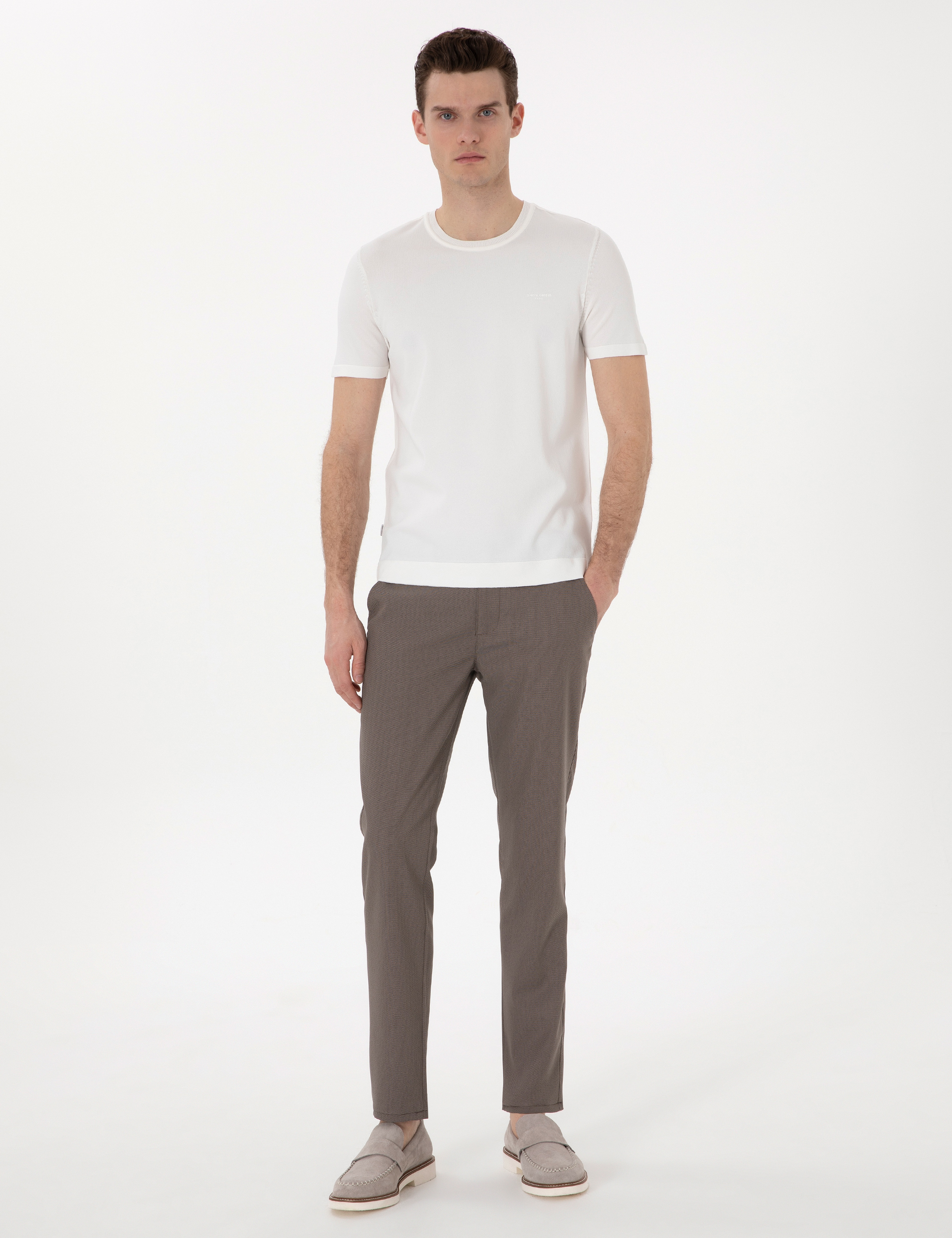 Ekru Slim Fit Bisiklet Yaka Triko Tişört