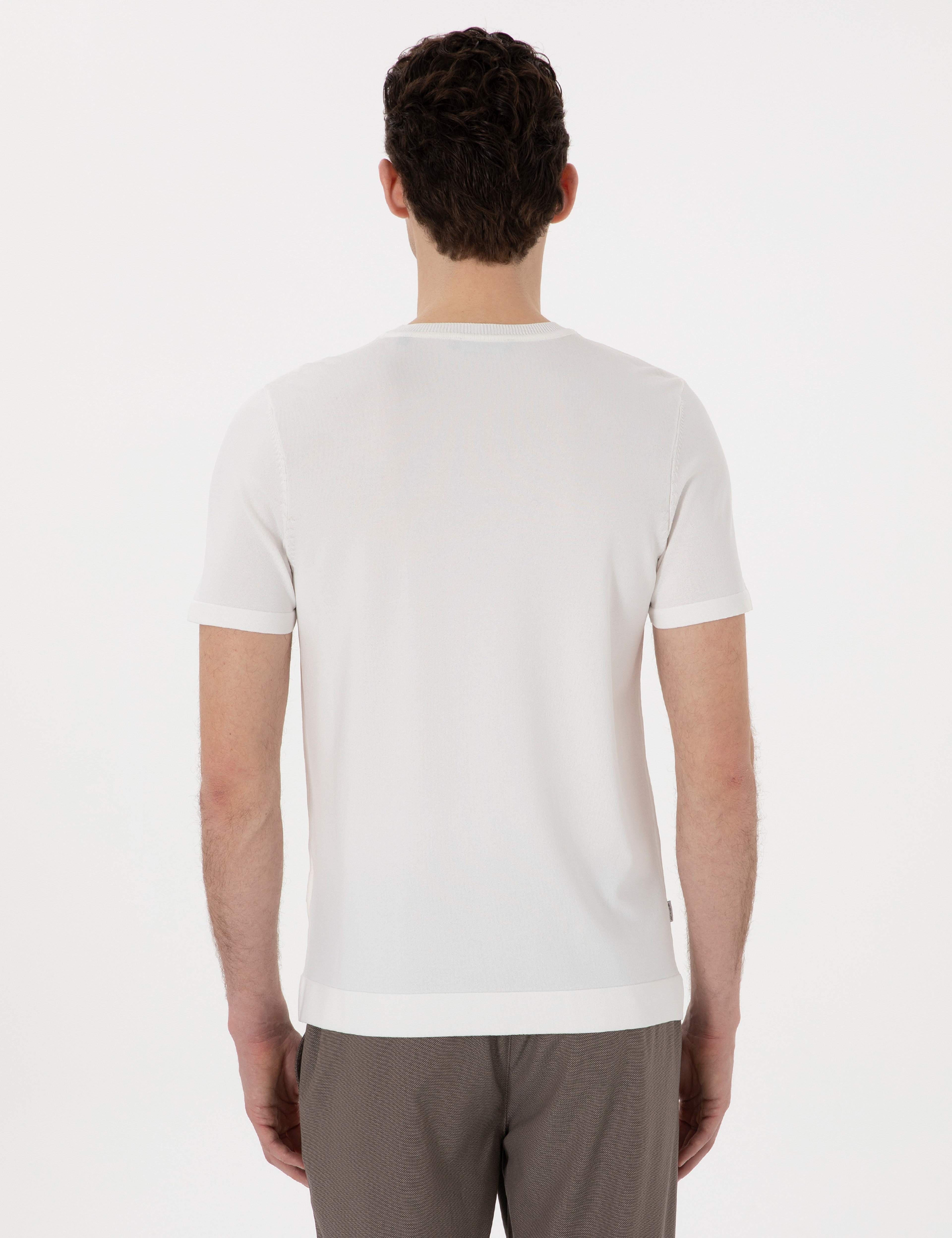 Ekru Slim Fit Bisiklet Yaka Triko Tişört - Image 5