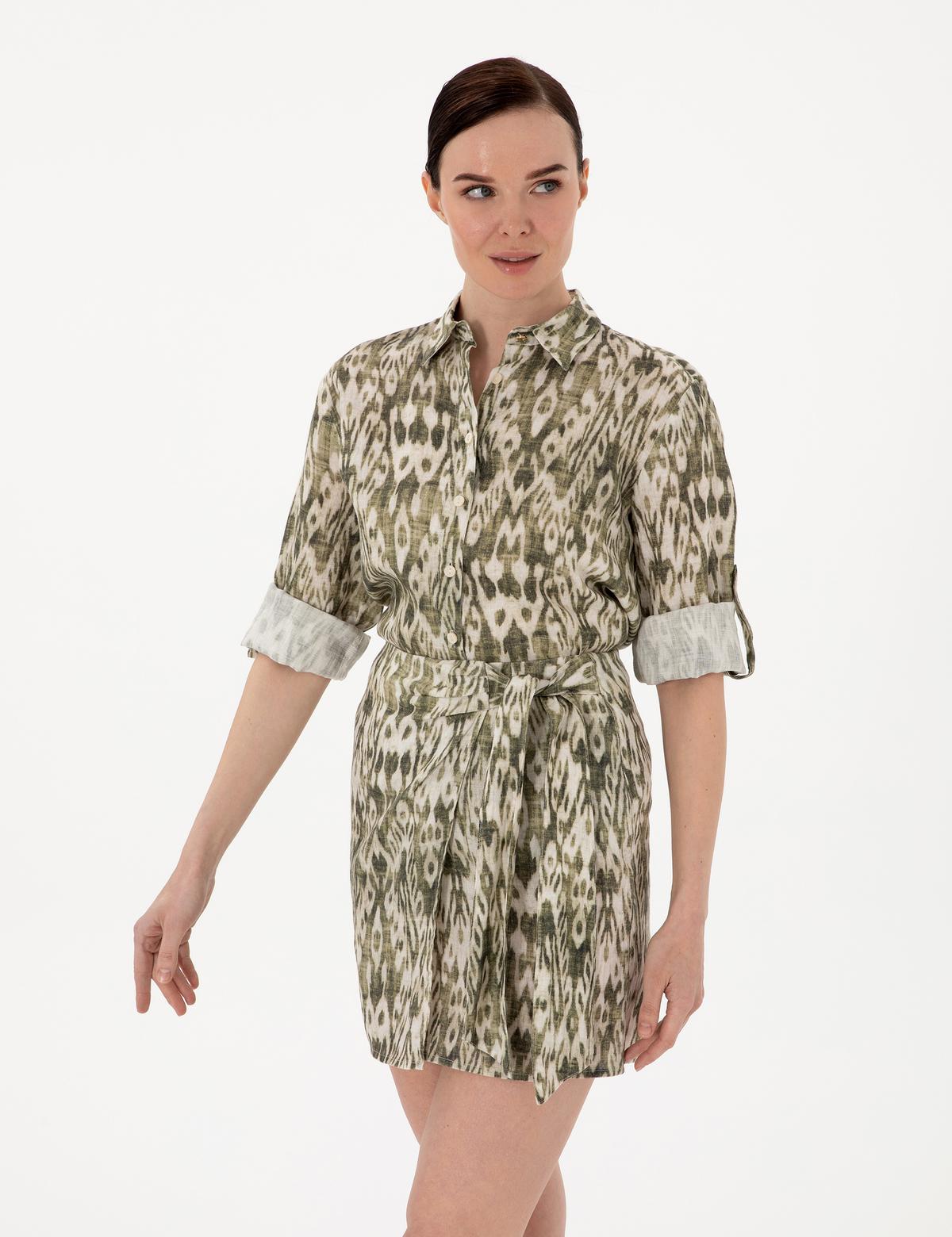 Haki Comfort Fit Uzun Kollu Keten Gömlek