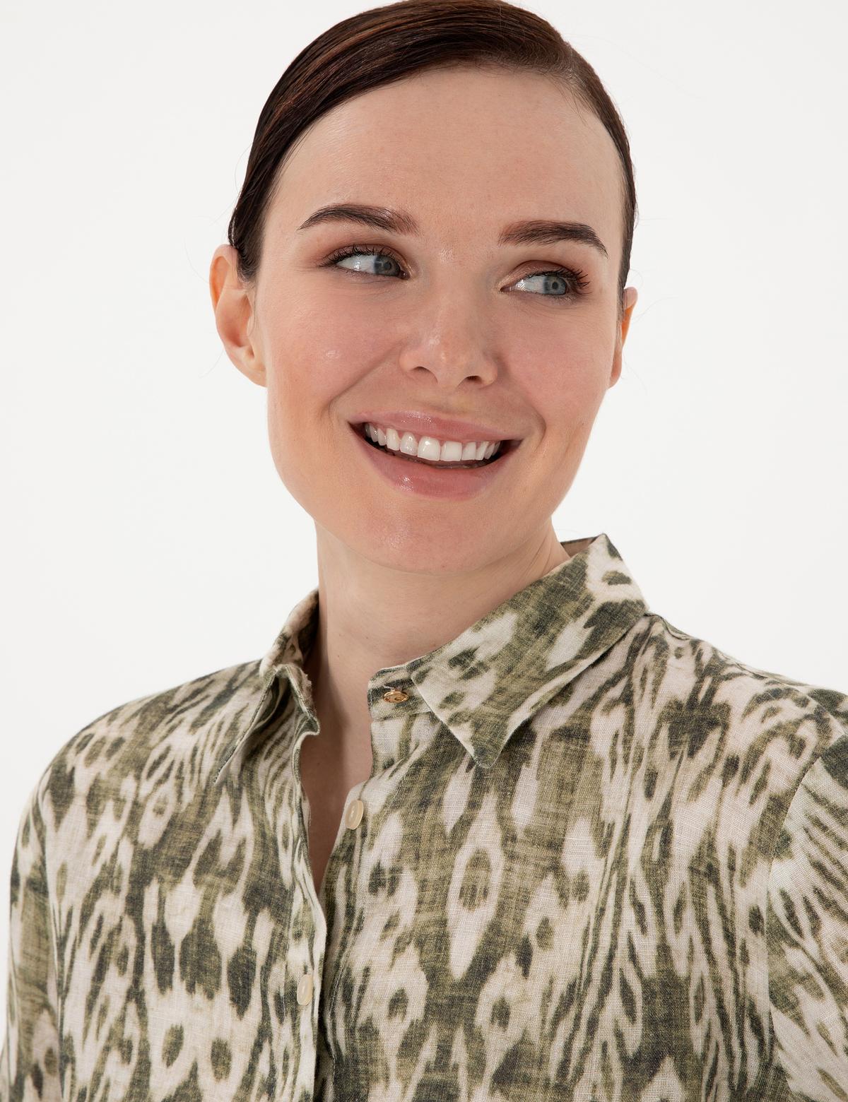 Haki Comfort Fit Uzun Kollu Keten Gömlek - 50301088004