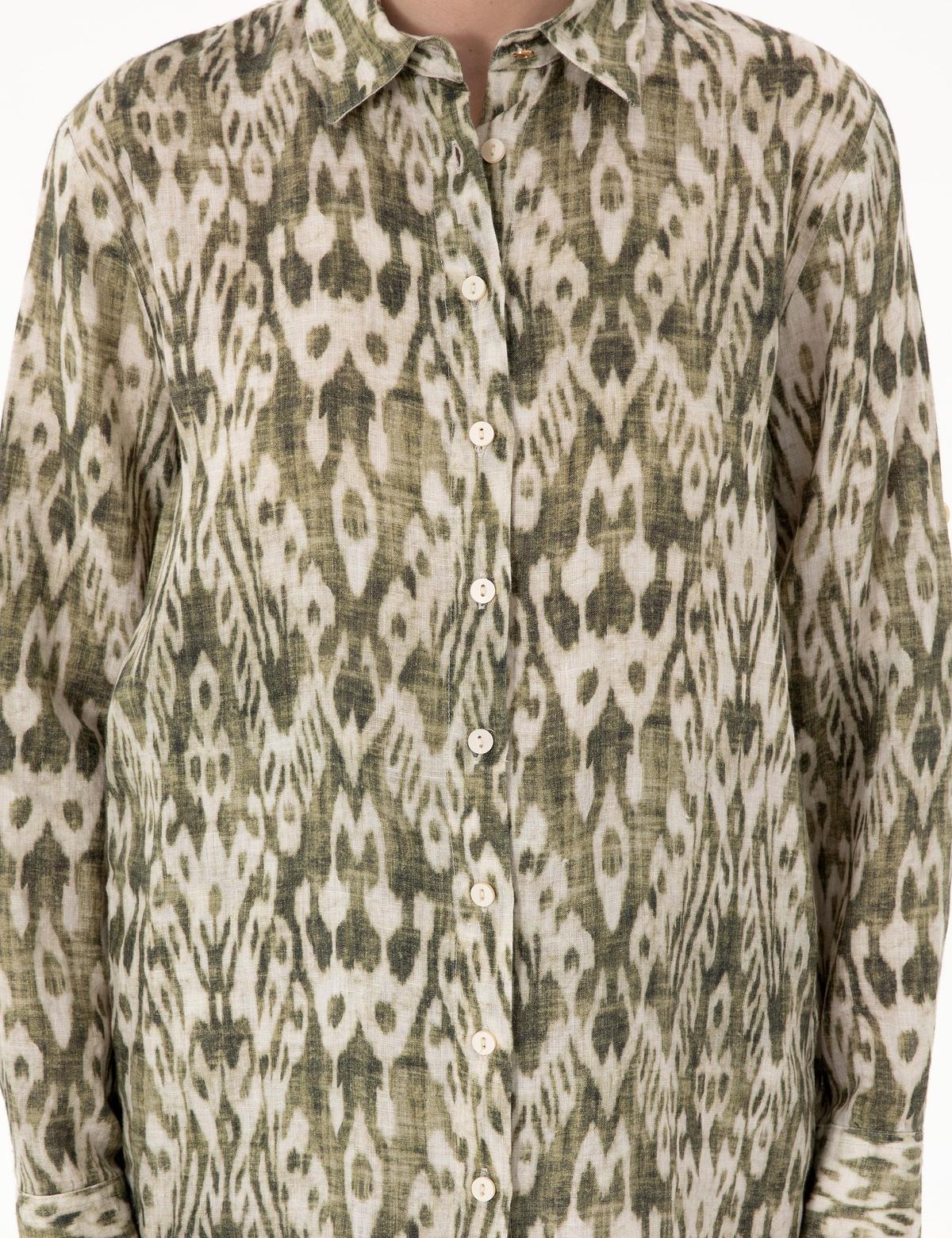 Haki Comfort Fit Uzun Kollu Keten Gömlek - 50301088004