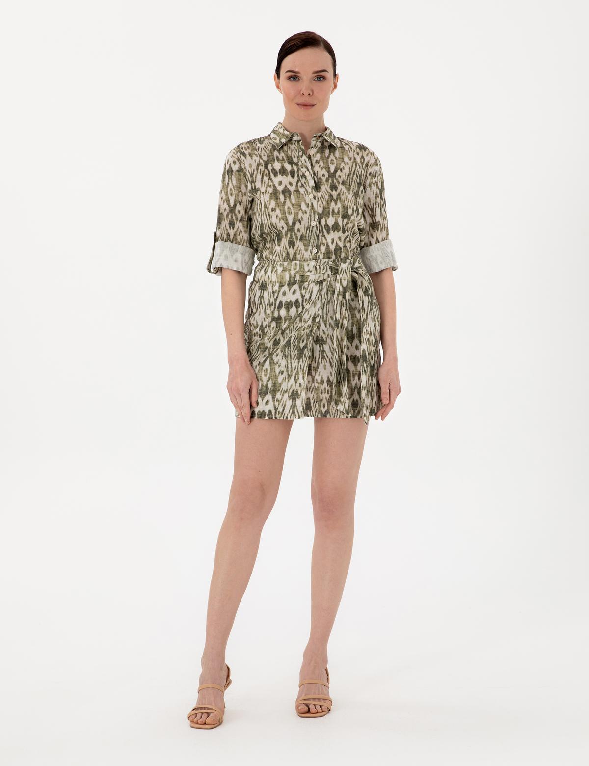 Haki Comfort Fit Uzun Kollu Keten Gömlek - 50301088004