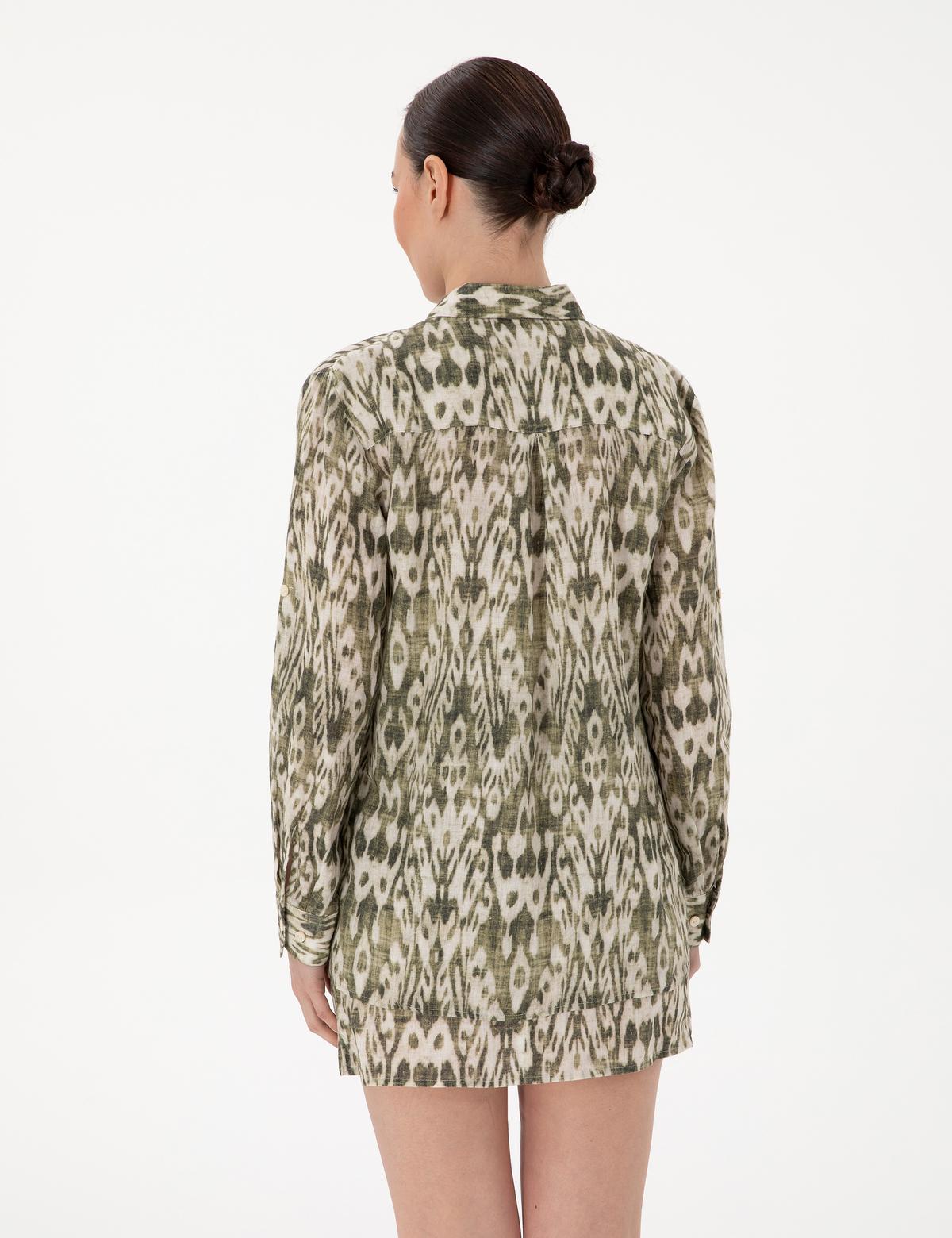 Haki Comfort Fit Uzun Kollu Keten Gömlek - 50301088004