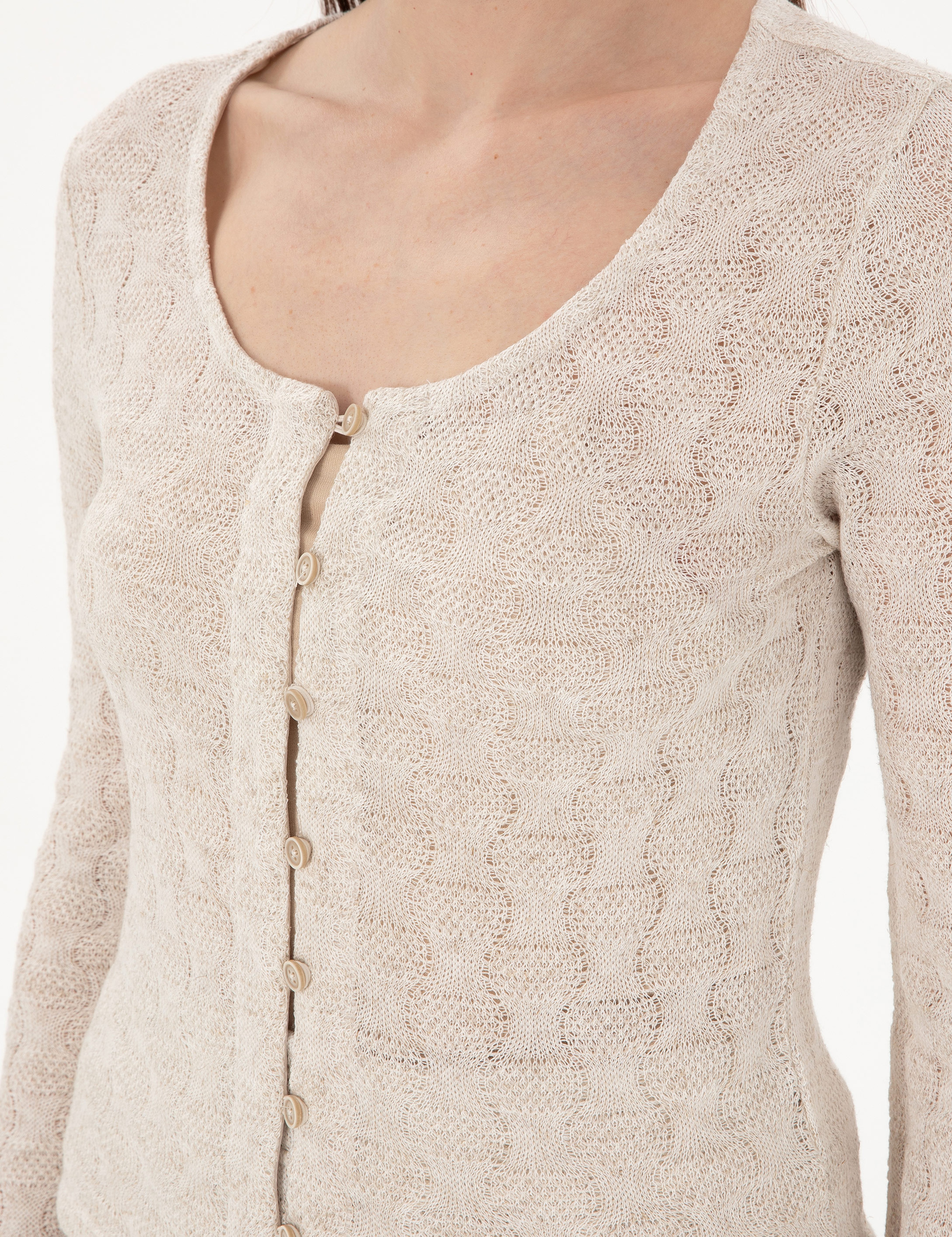 Krem Slim Fit Örme Hırka - Image 7