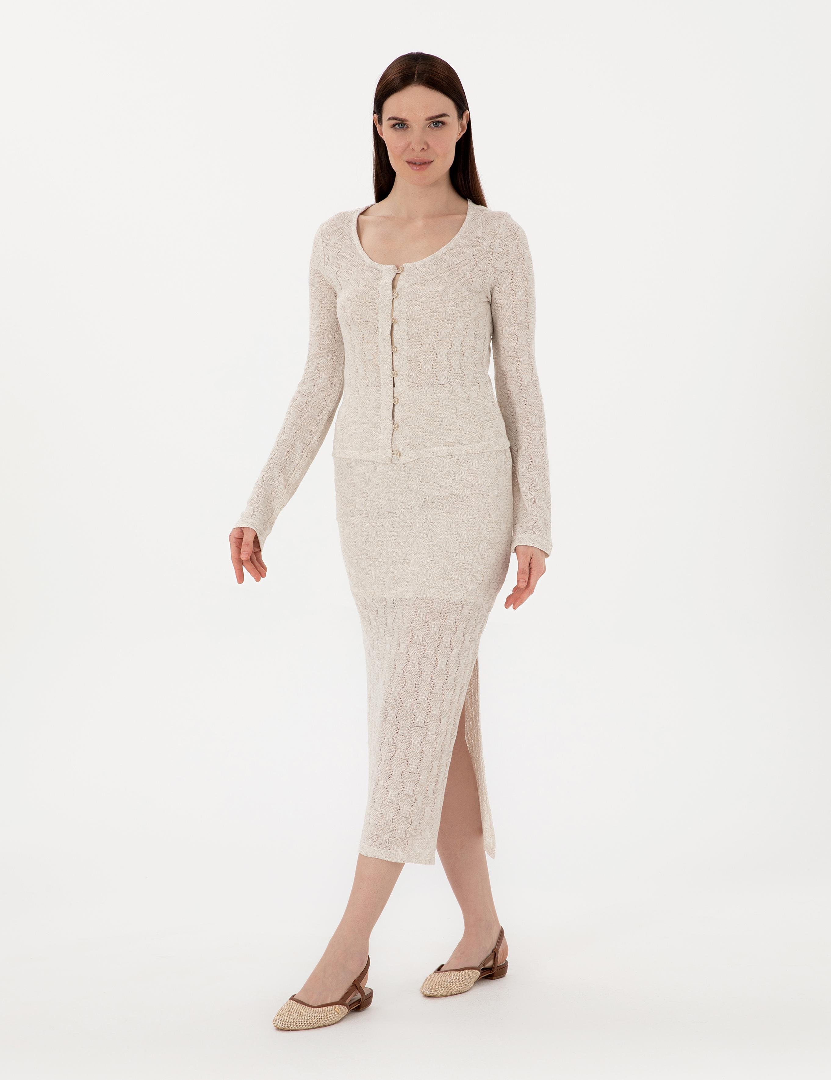 Krem Slim Fit Örme Hırka