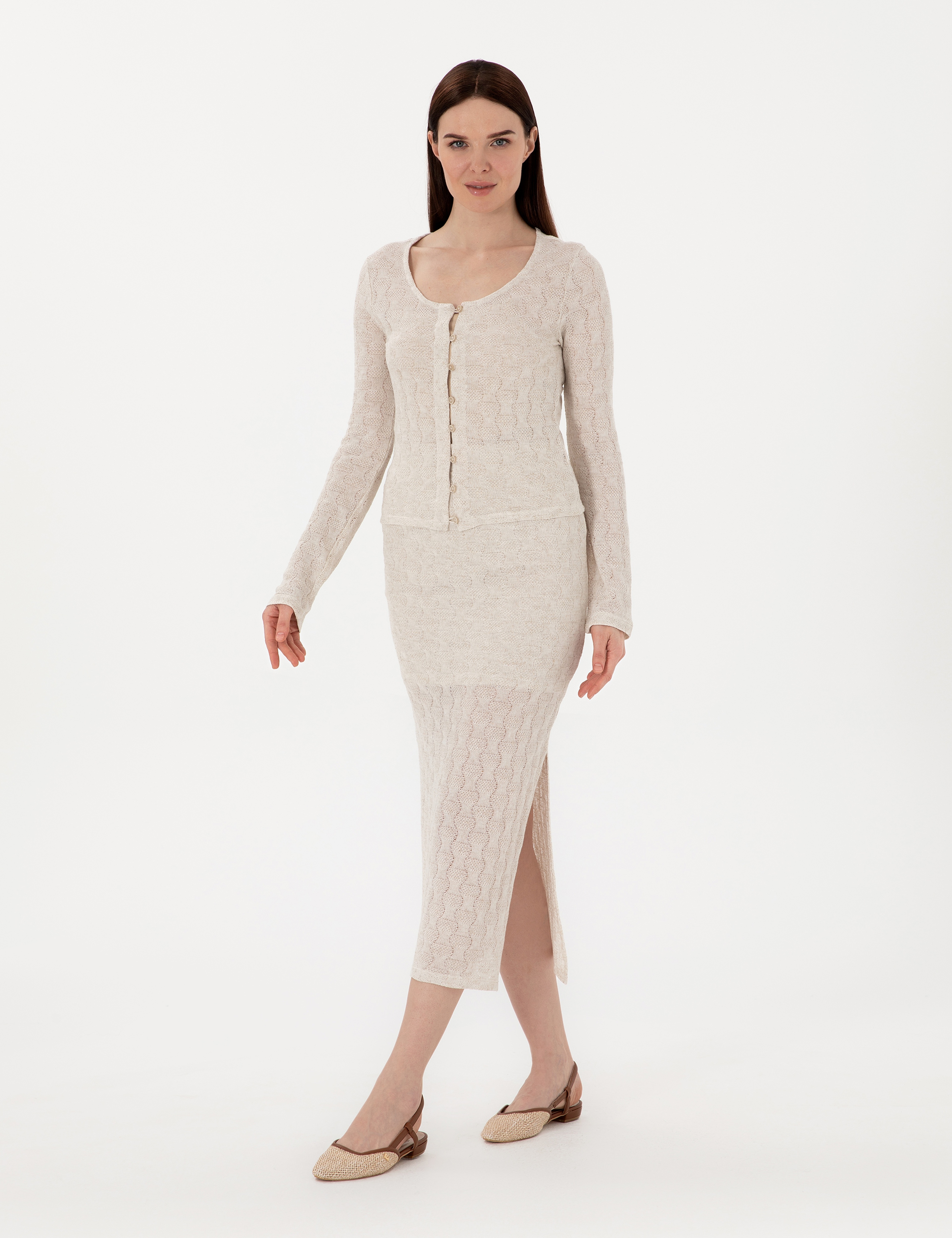 Krem Slim Fit Örme Hırka - Image 4