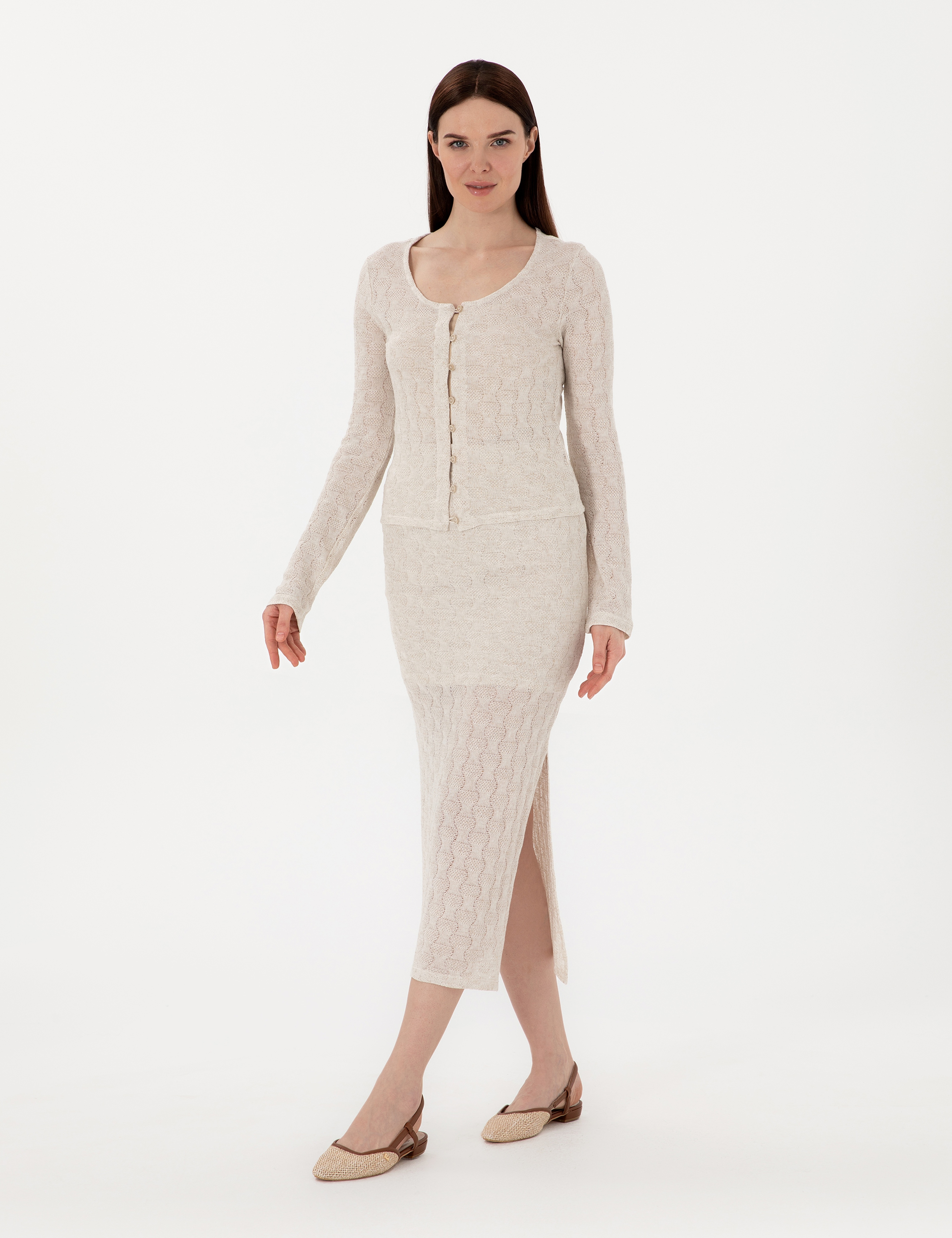 Krem Slim Fit Örme Hırka