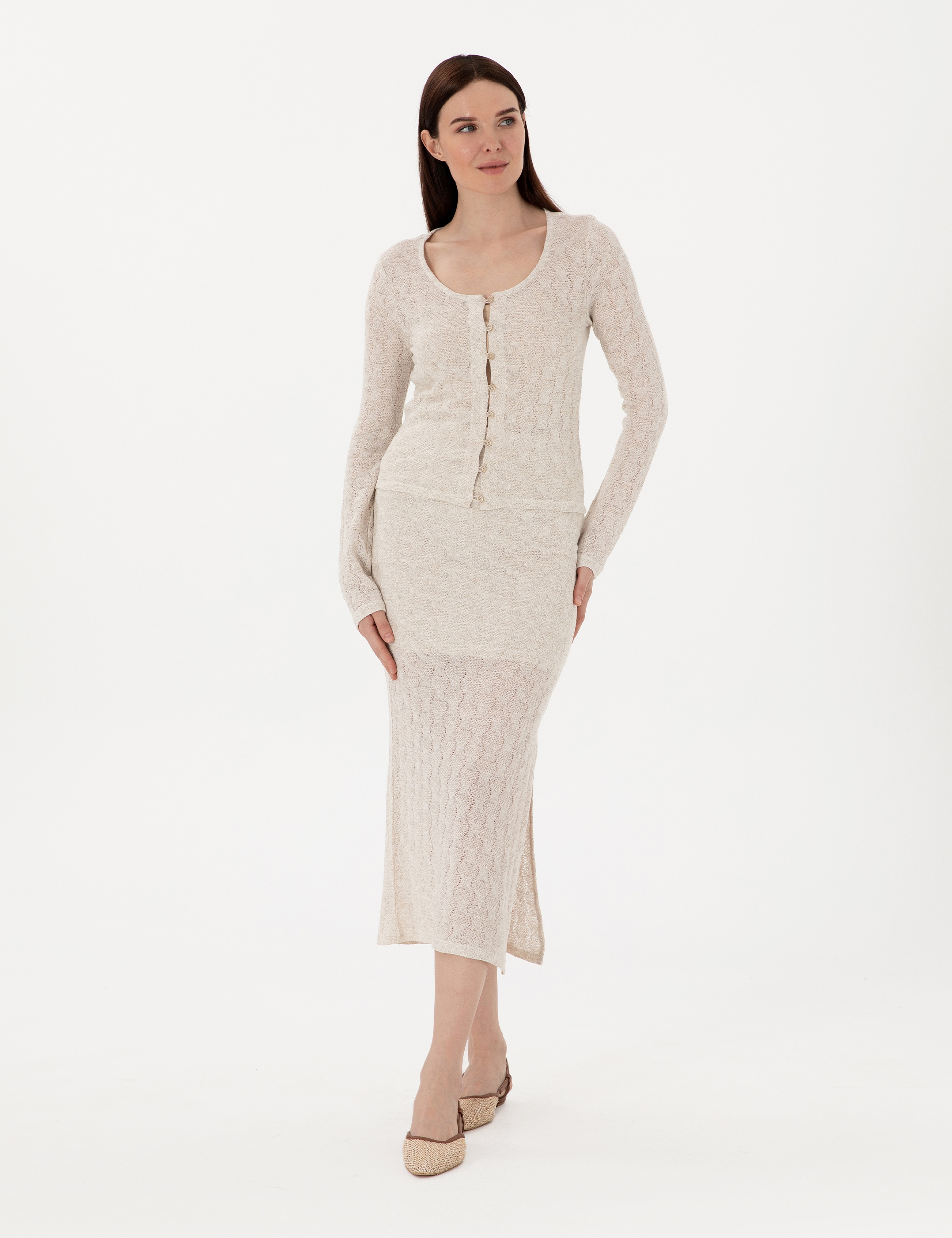 Krem Slim Fit Örme Etek - Image 3