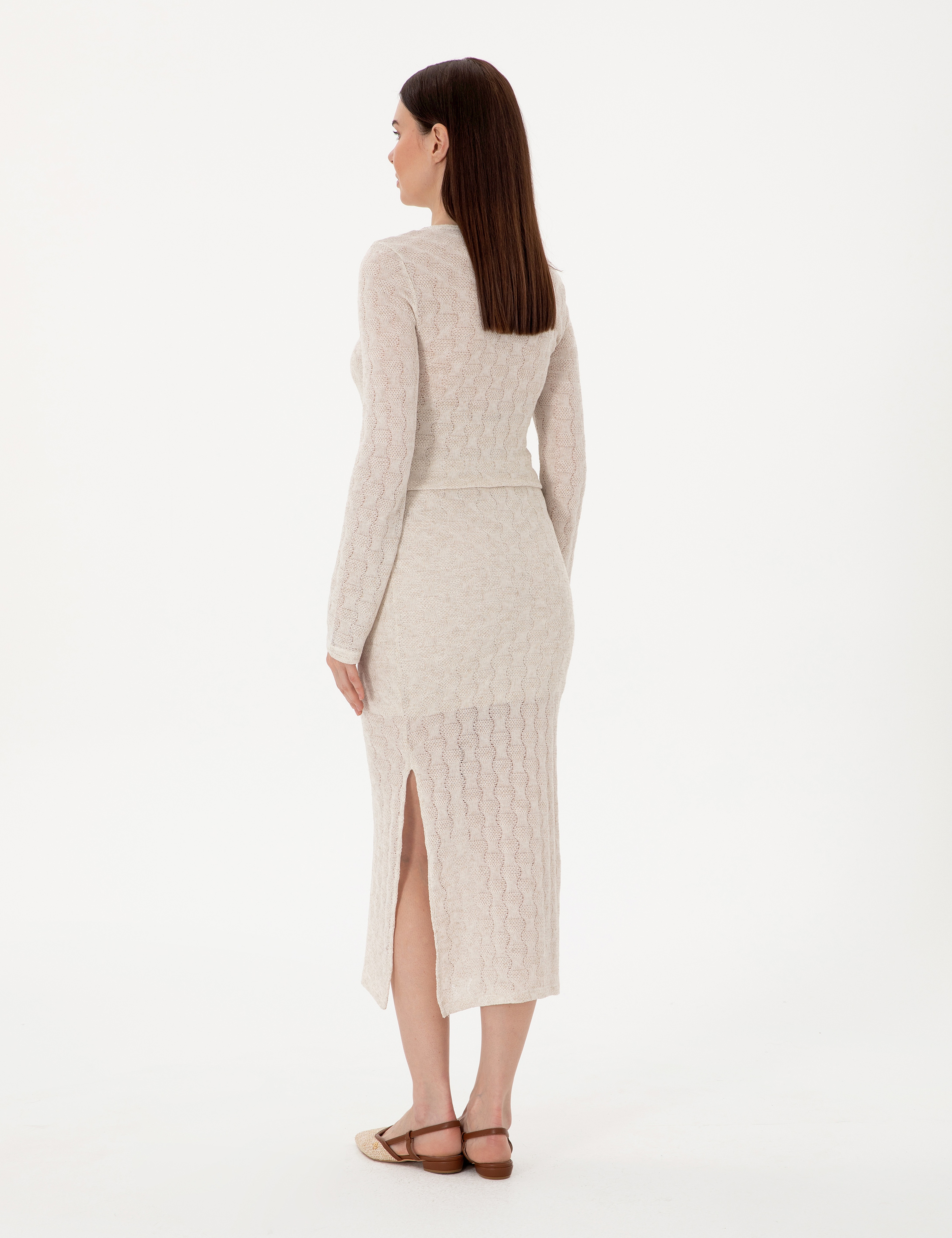 Krem Slim Fit Örme Etek - Image 4