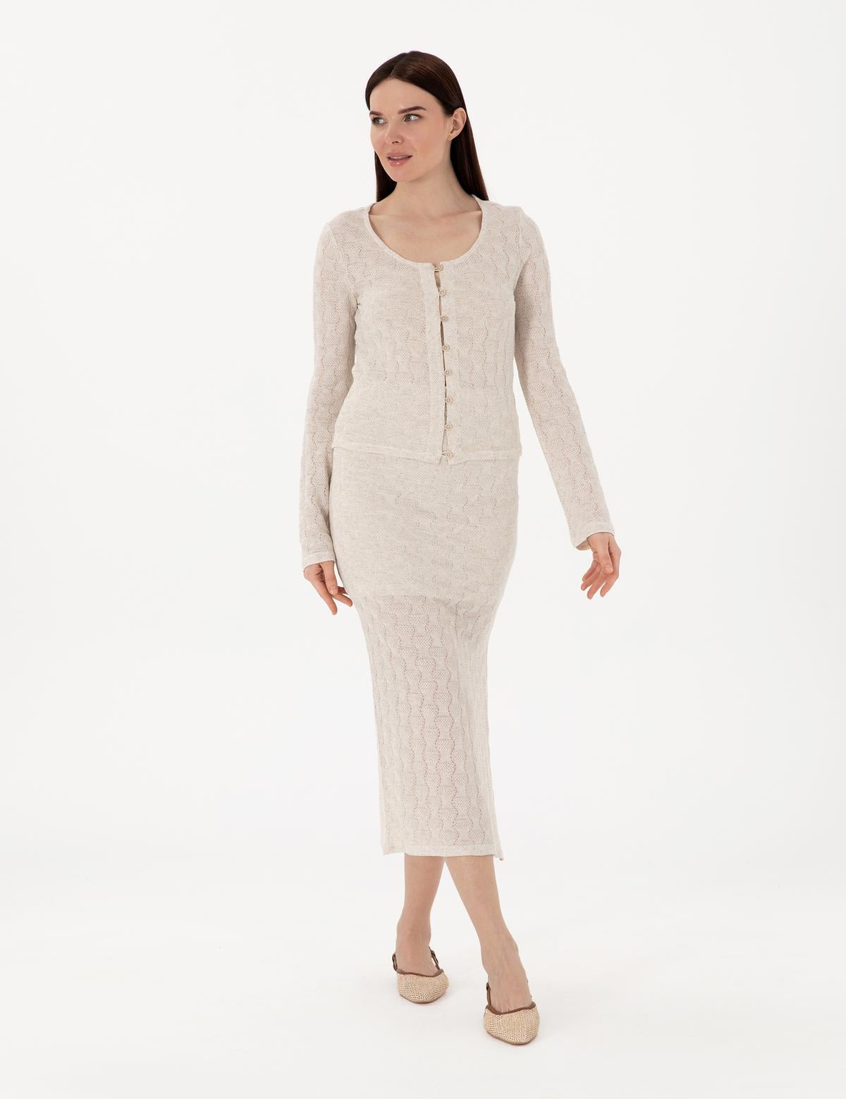 Krem Slim Fit Örme Etek