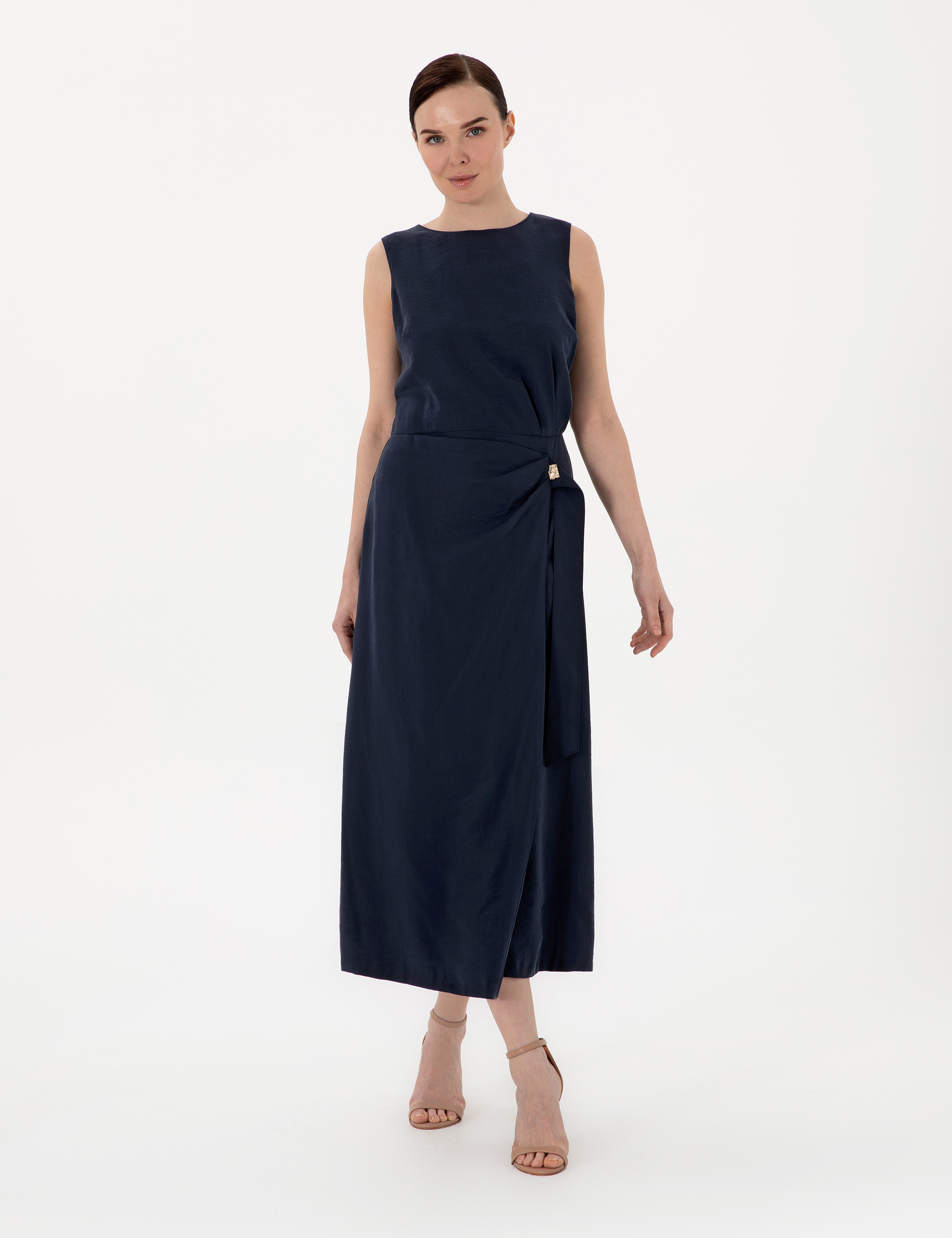 Lacivert Regular Fit Dokuma Elbise - Image 3