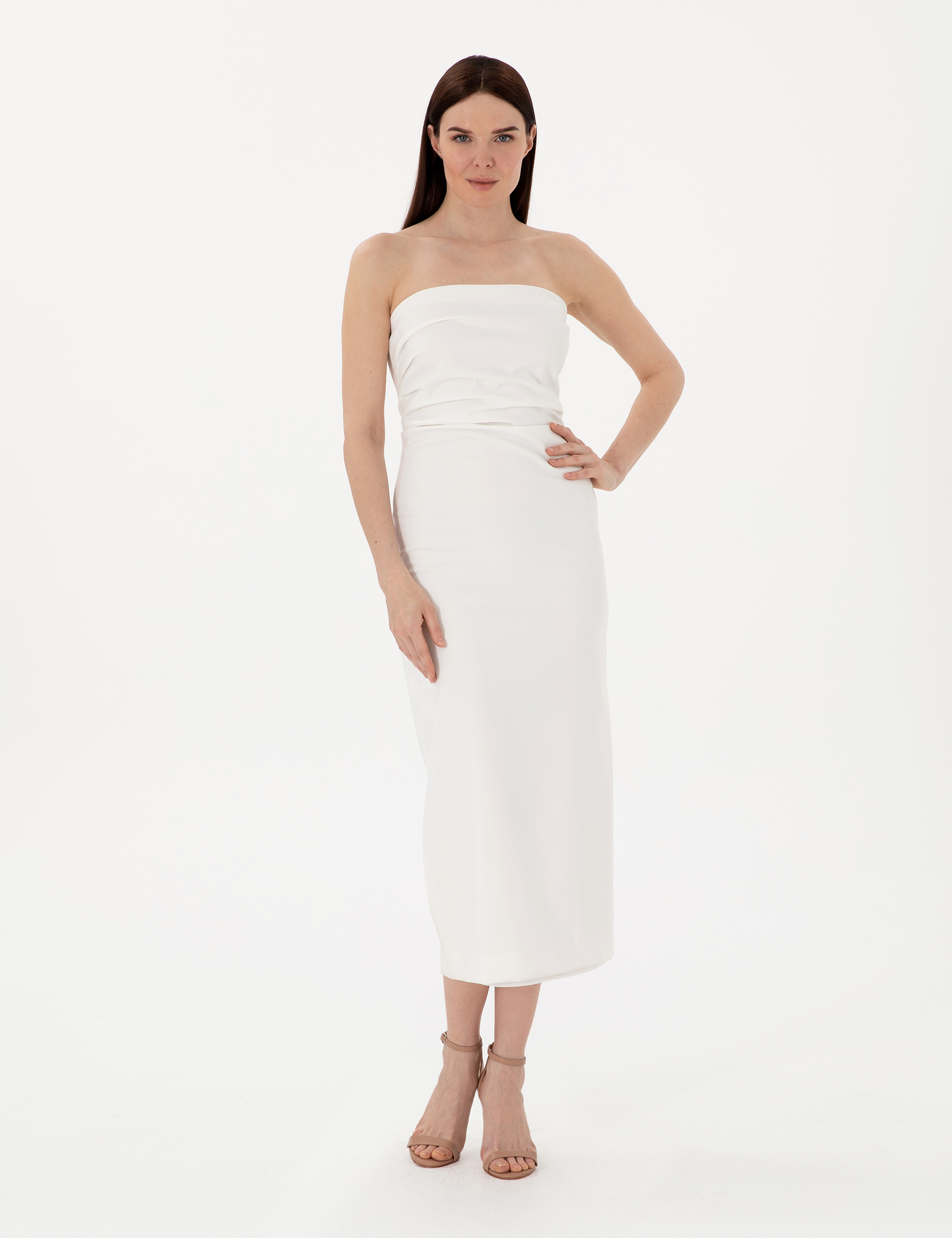 Beyaz Slim Fit Dokuma Elbise - Image 3