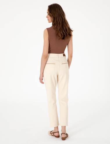 Ekru  Mom High Waist Fit Jean Pantolon