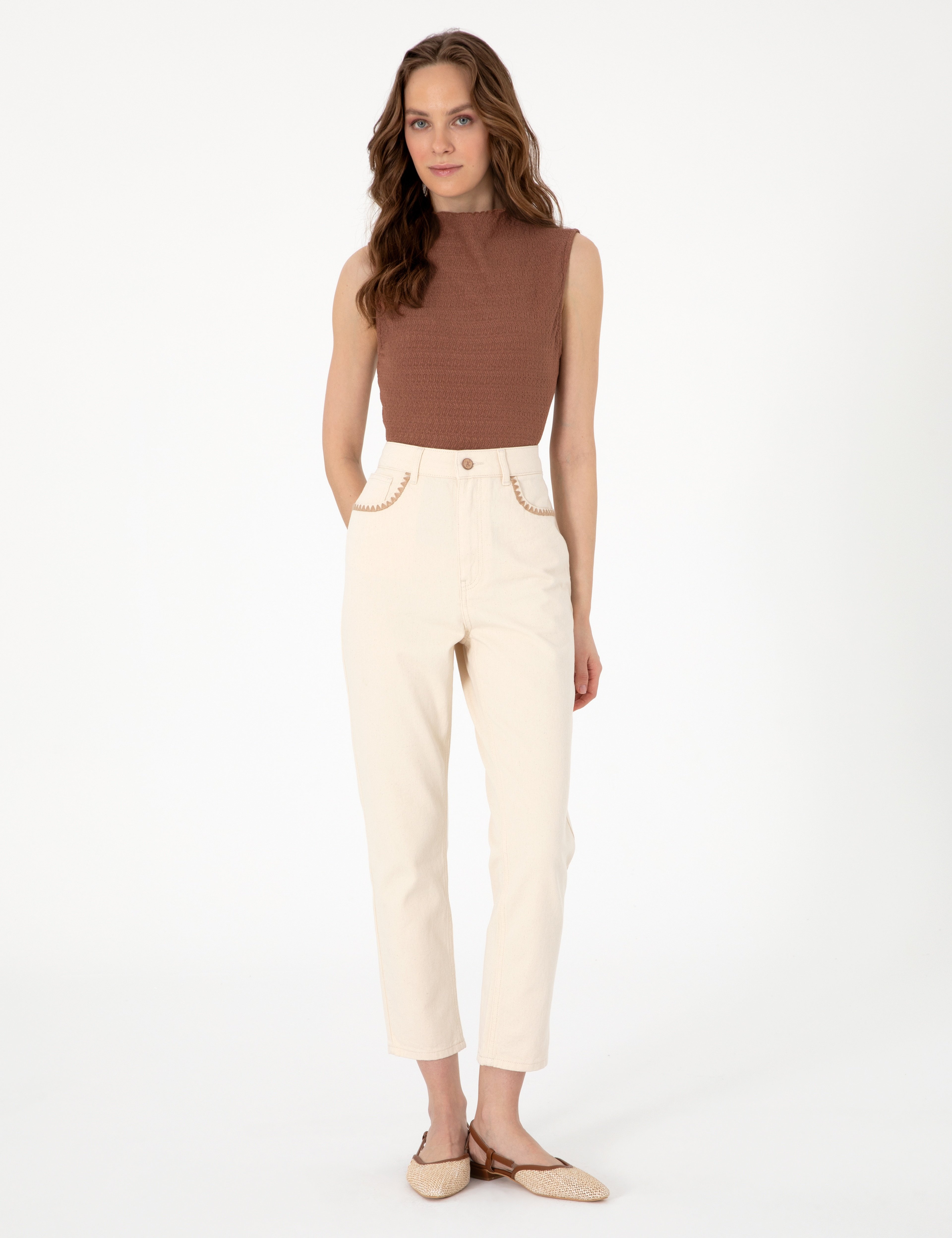 Ekru  Mom High Waist Fit Jean Pantolon