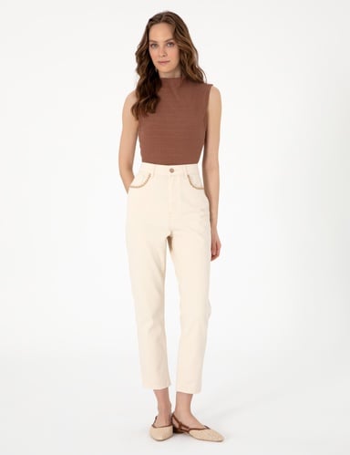 Ekru  Mom High Waist Fit Jean Pantolon