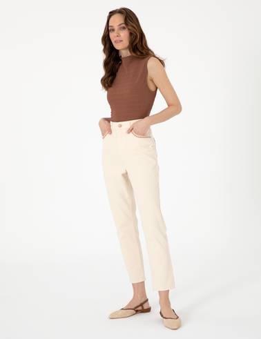 Ekru  Mom High Waist Fit Jean Pantolon