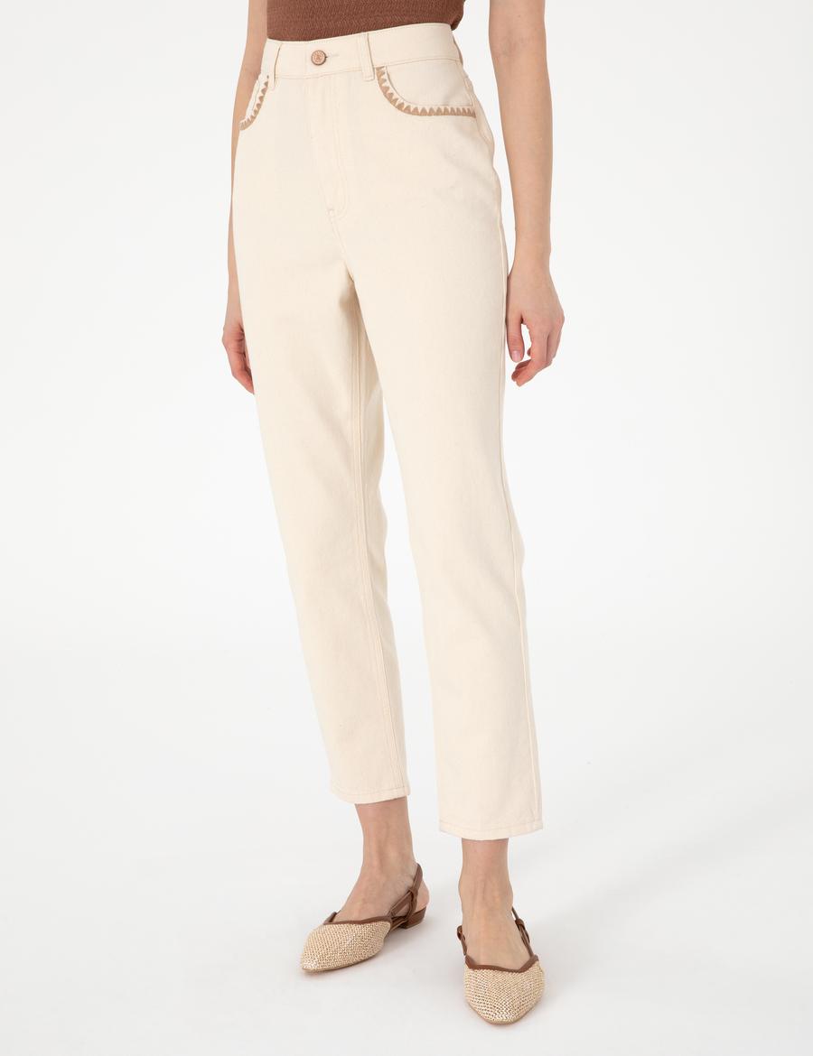 Ekru  Mom High Waist Fit Jean Pantolon