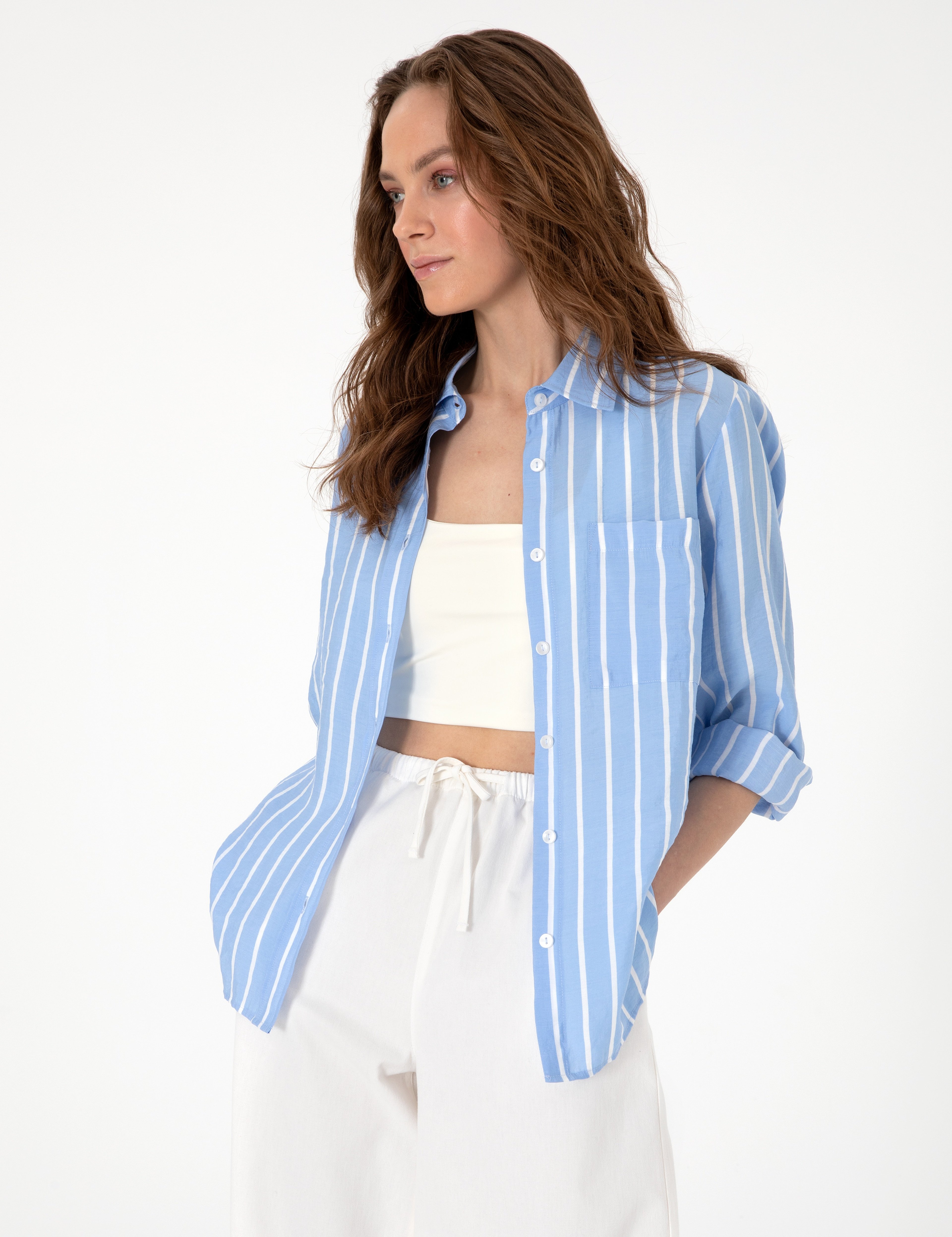 Mavi Comfort Fit Çizgili Uzun Kollu Gömlek - Image 1