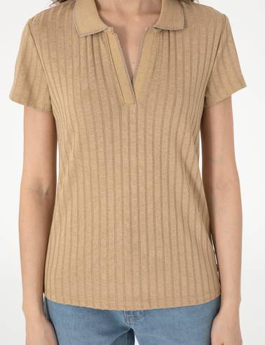Bej Slim Fit Basic Tişört