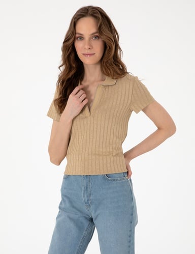Bej Slim Fit Basic Tişört