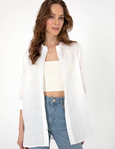 Beyaz Oversize Uzun Kollu %100 Keten Gömlek