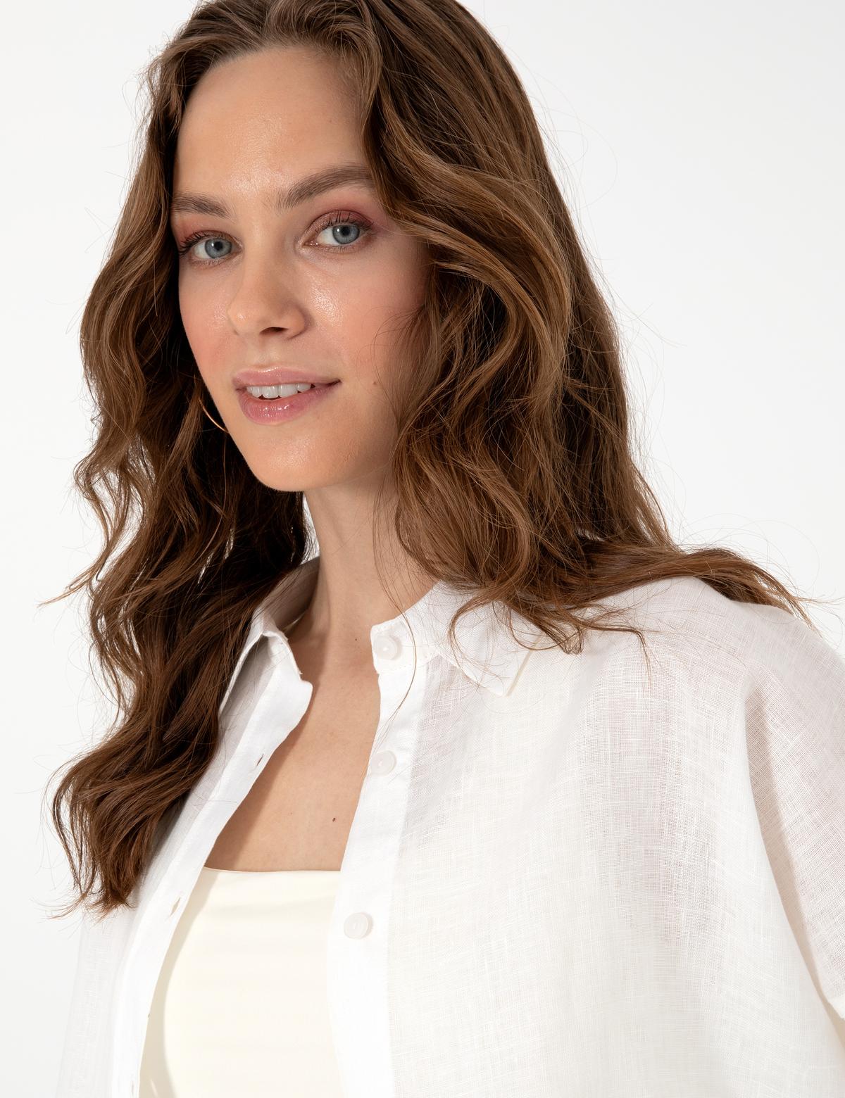 Beyaz Oversize Uzun Kollu %100 Keten Gömlek - 50301078072