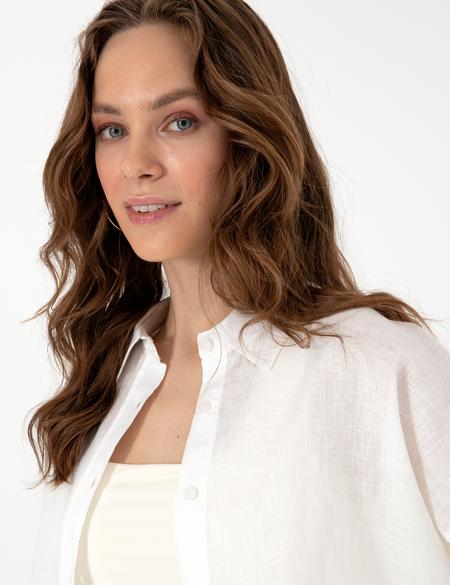 Beyaz Oversize Uzun Kollu %100 Keten Gömlek - 50301078072