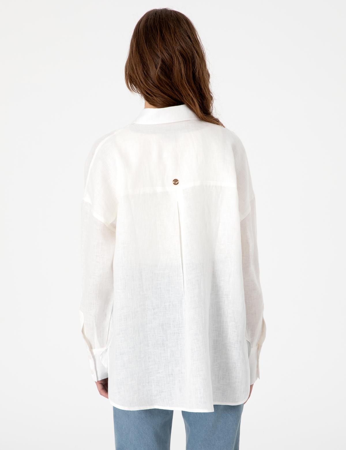 Beyaz Oversize Uzun Kollu %100 Keten Gömlek - 50301078072