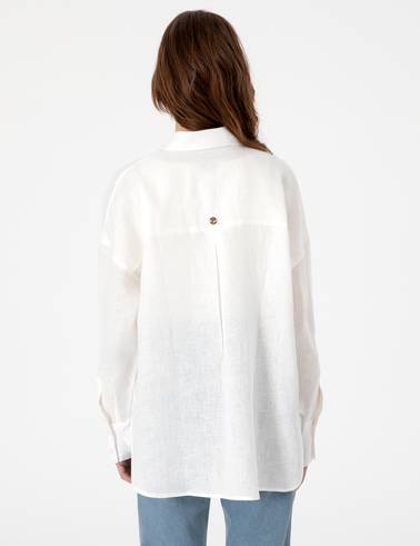 Beyaz Oversize Uzun Kollu %100 Keten Gömlek