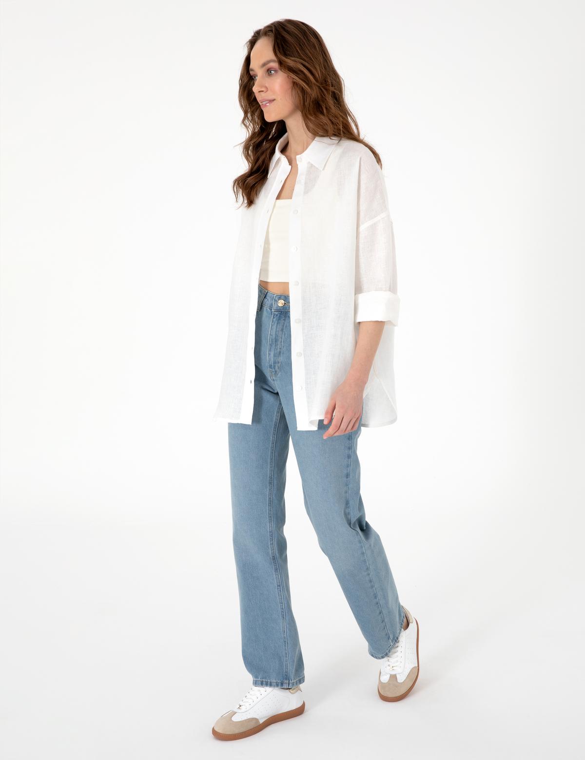 Beyaz Oversize Uzun Kollu %100 Keten Gömlek - 50301078072