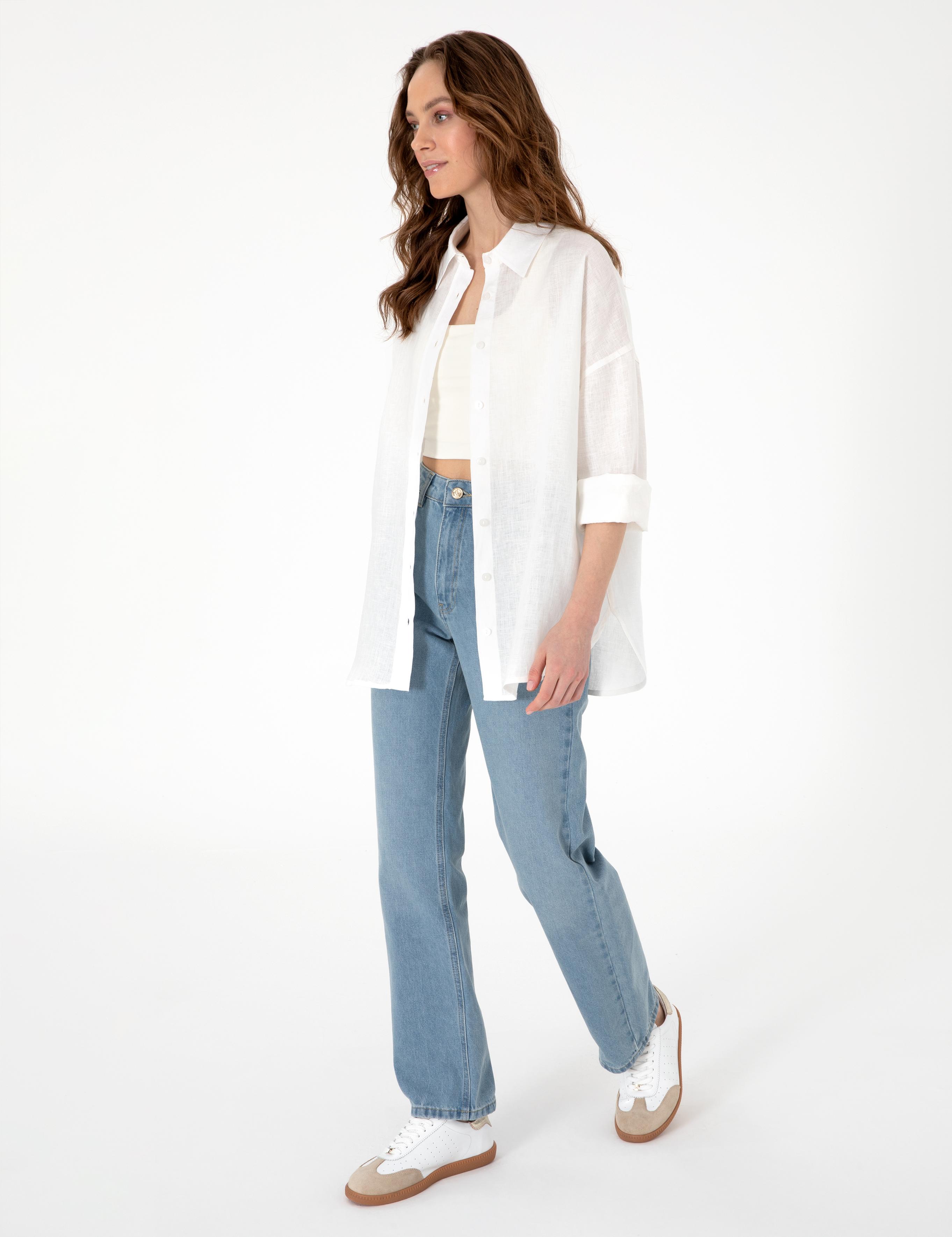 Beyaz Oversize Uzun Kollu %100 Keten Gömlek