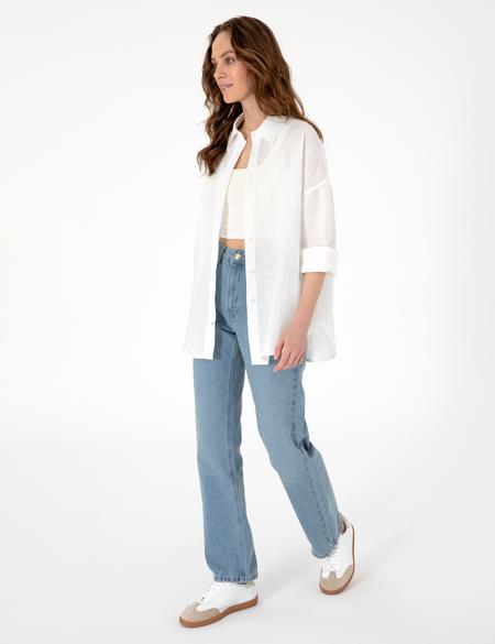 Beyaz Oversize Uzun Kollu %100 Keten Gömlek - 50301078072