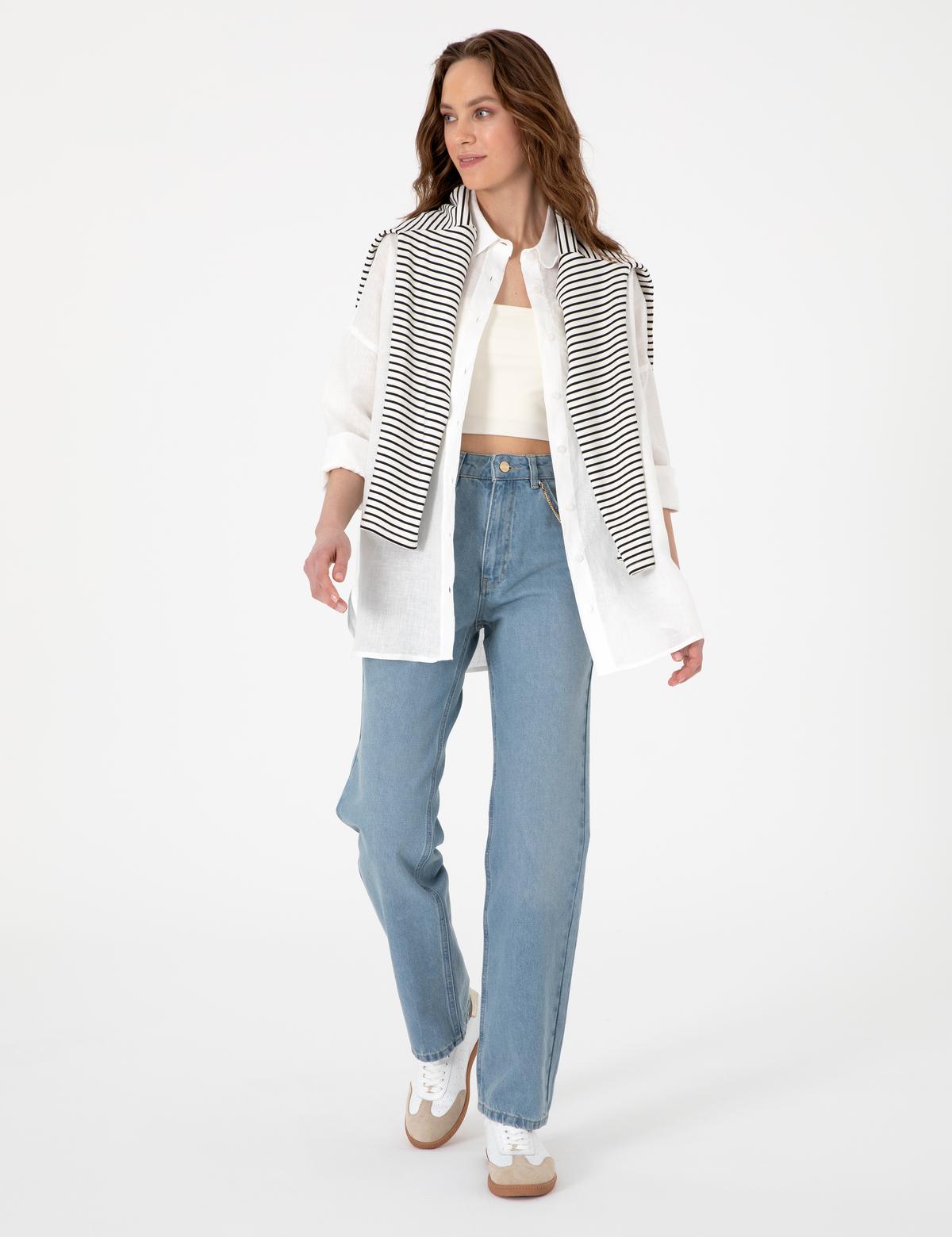 Beyaz Oversize Uzun Kollu %100 Keten Gömlek - 50301078072