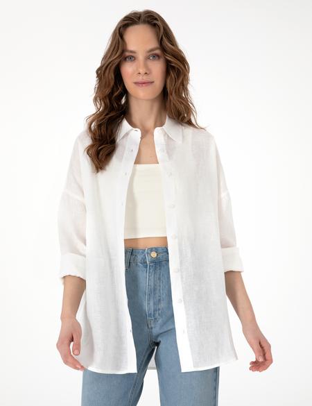 Beyaz Oversize Uzun Kollu %100 Keten Gömlek - 50301078072