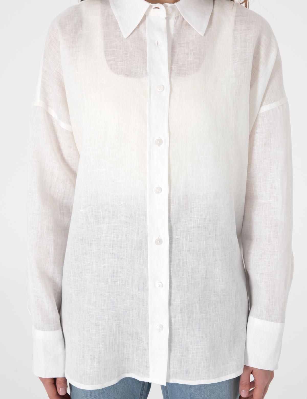 Beyaz Oversize Uzun Kollu %100 Keten Gömlek - 50301078072