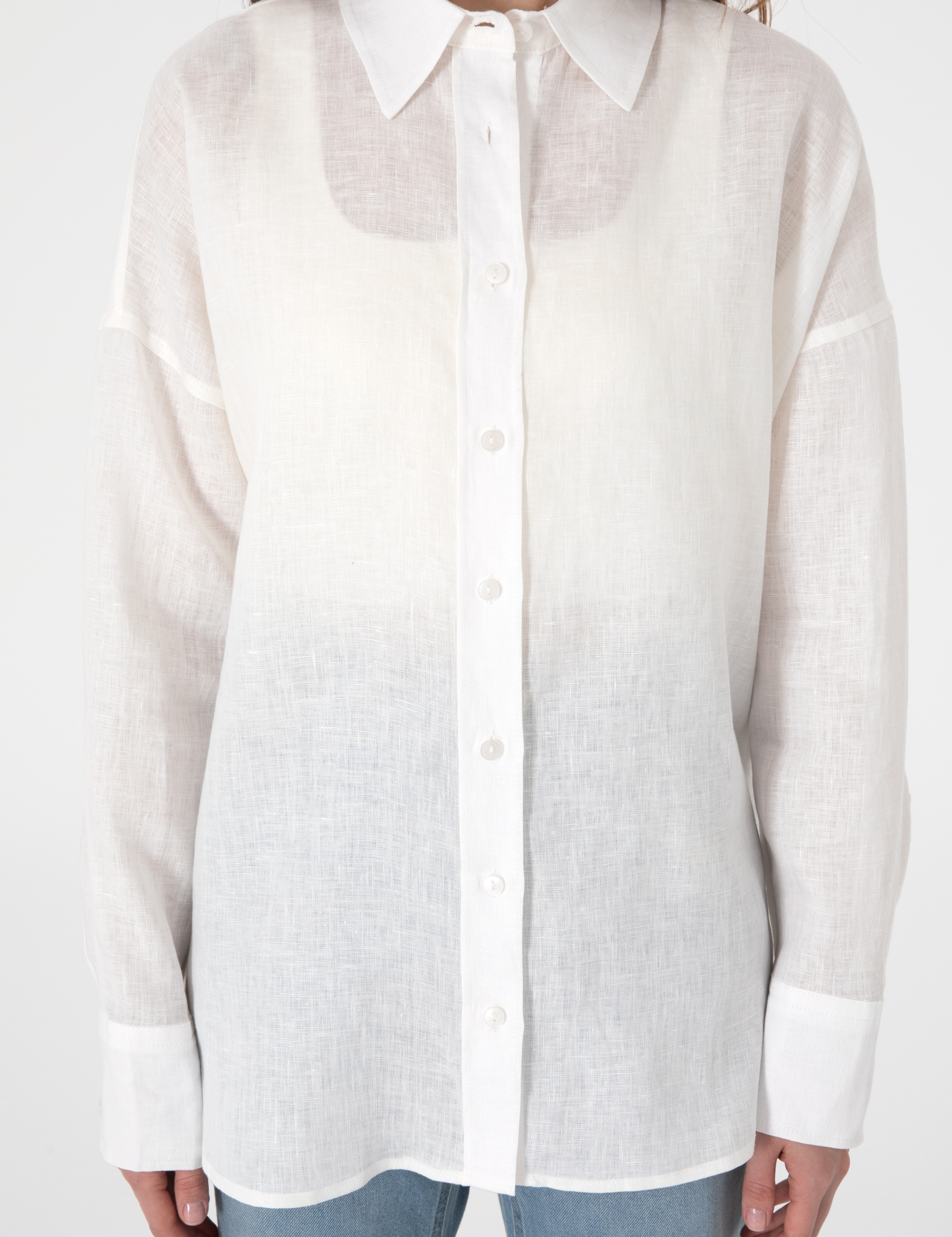 Beyaz Oversize Uzun Kollu %100 Keten Gömlek - Image 7