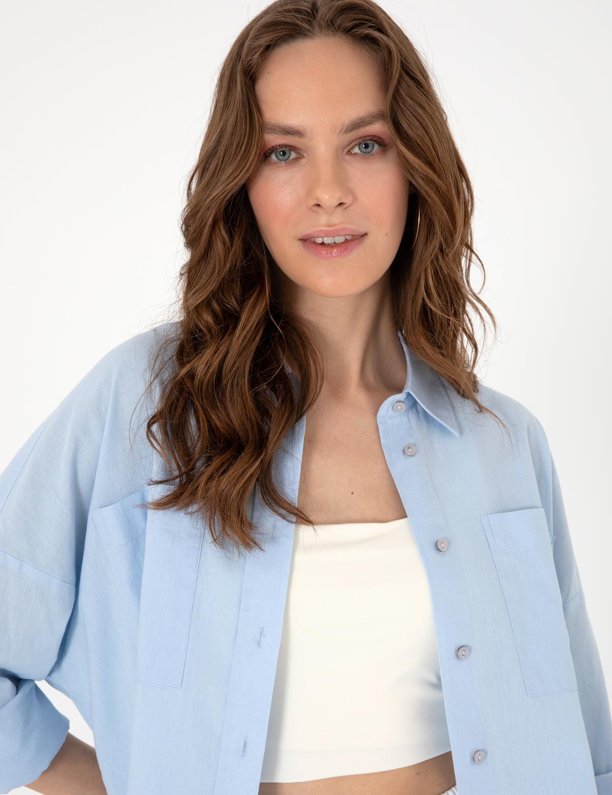 Mavi Oversize Keten Karışımlı Uzun Kollu Gömlek - 50313128027