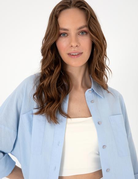 Mavi Oversize Keten Karışımlı Uzun Kollu Gömlek - 50313128027