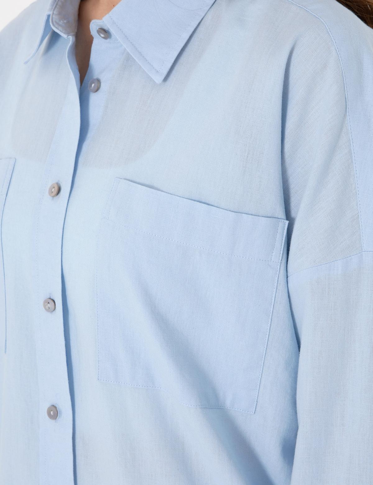 Mavi Oversize Keten Karışımlı Uzun Kollu Gömlek - 50313128027