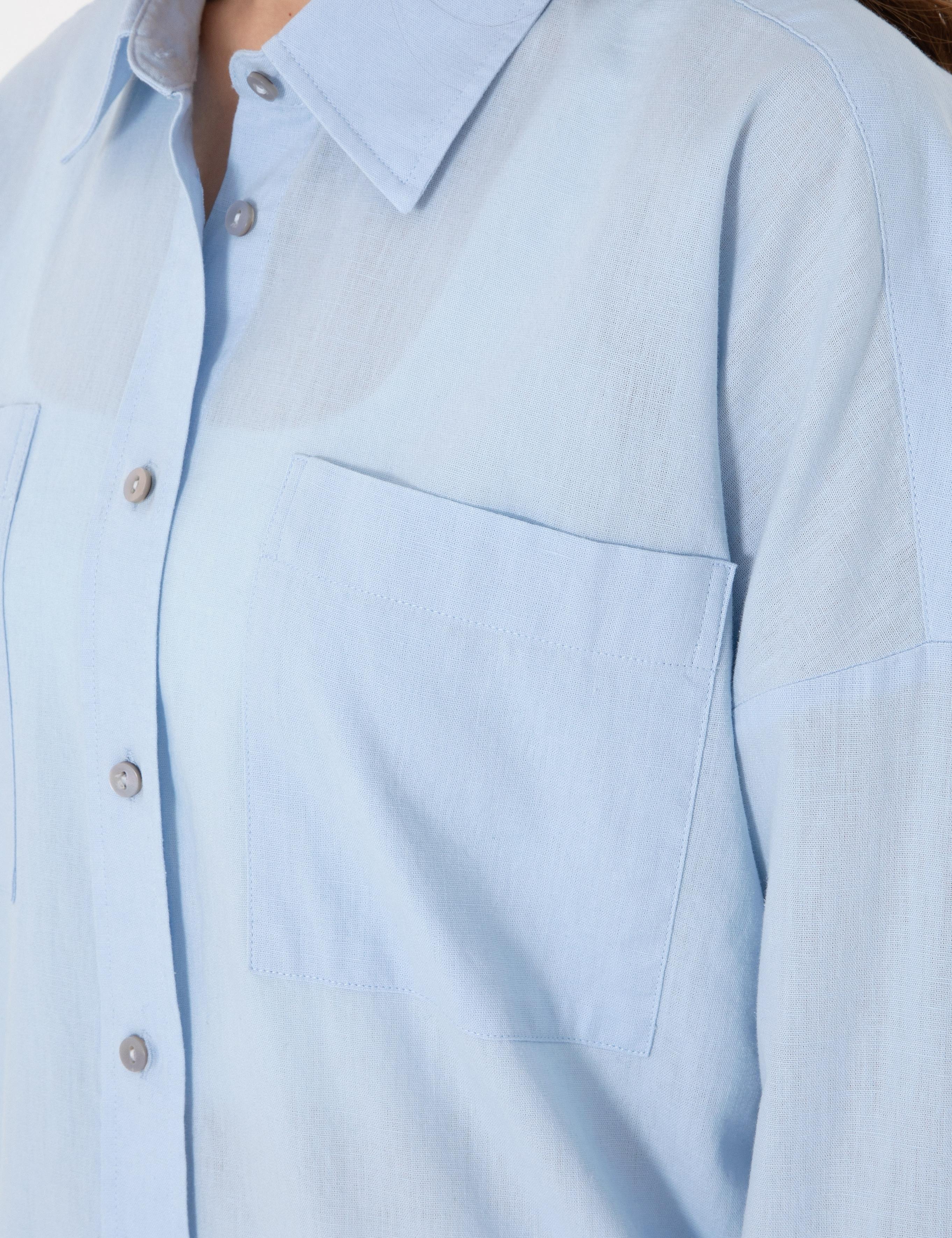 Mavi Oversize Keten Karışımlı Uzun Kollu Gömlek