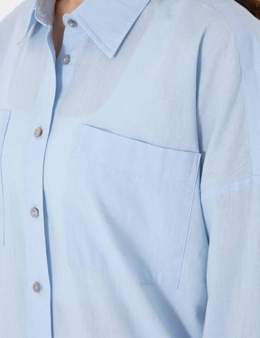 Mavi Oversize Keten Karışımlı Uzun Kollu Gömlek
