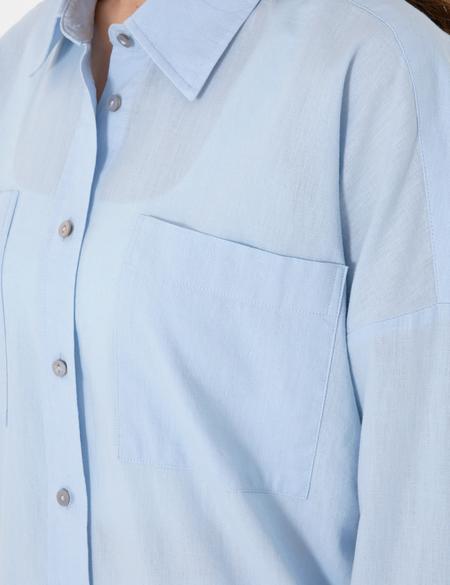 Mavi Oversize Keten Karışımlı Uzun Kollu Gömlek - 50313128027