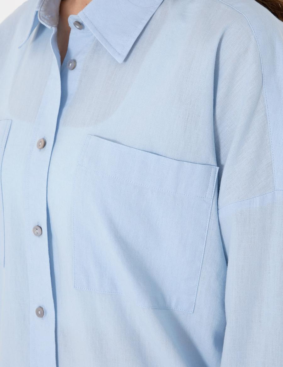 Mavi Oversize Keten Karışımlı Uzun Kollu Gömlek