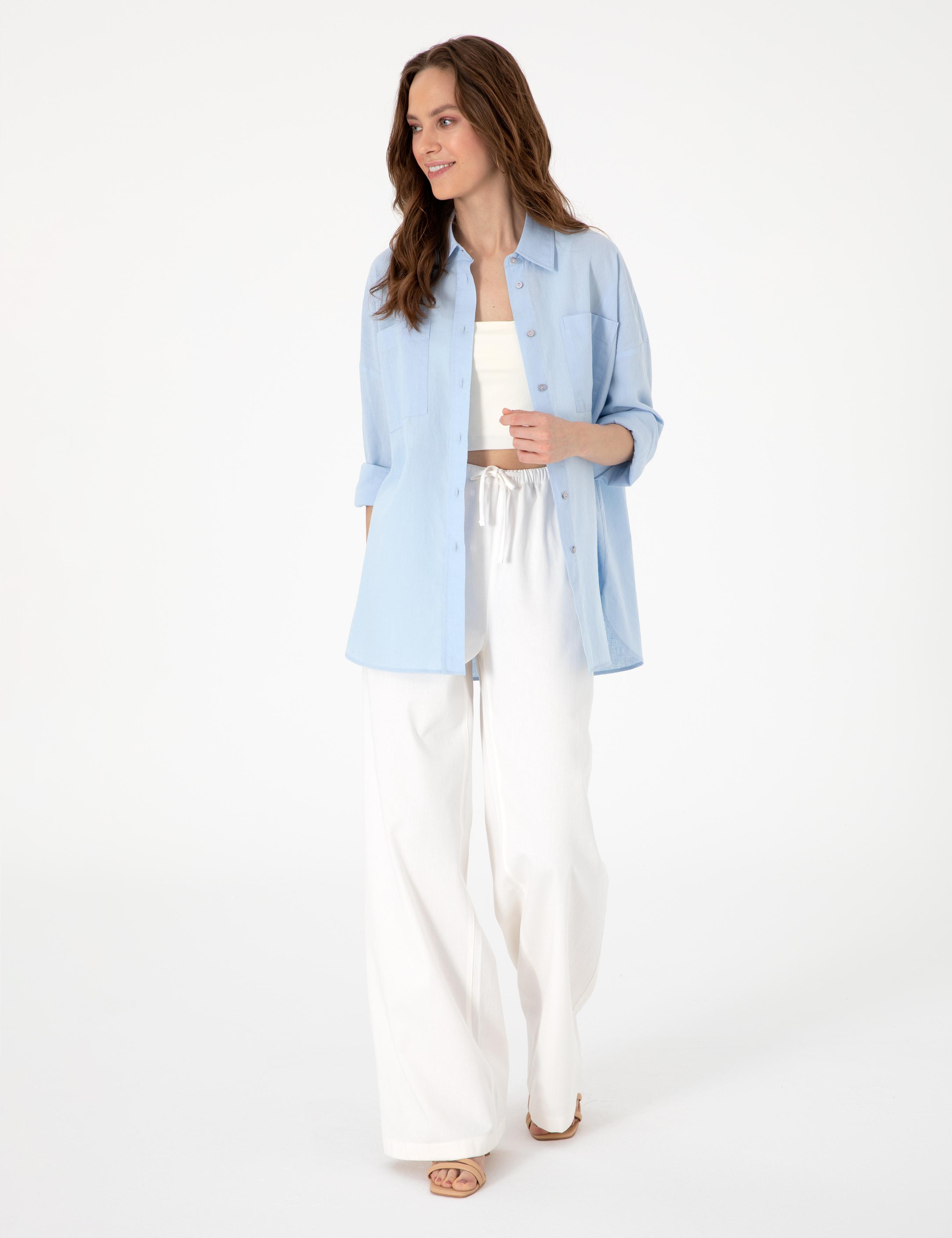 Mavi Oversize Keten Karışımlı Uzun Kollu Gömlek